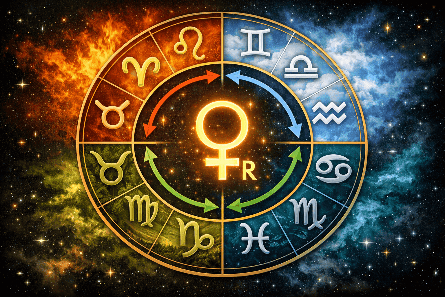 () showing a circular zodiac wheel divided into four elemental quadrants — fire in amber, earth in forest green, air in sky