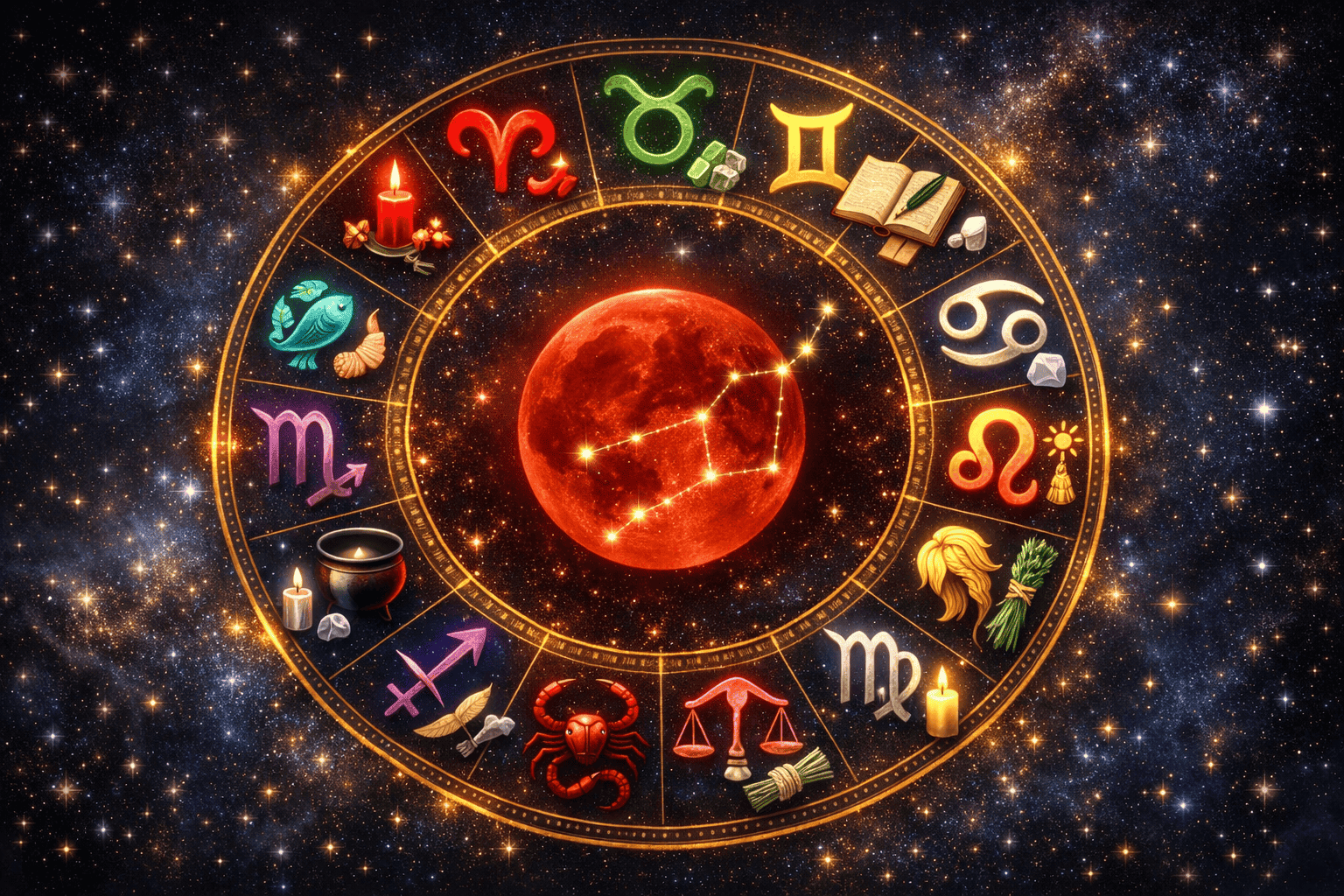 () showing a circular zodiac wheel illustration glowing against a deep space background with the Virgo constellation