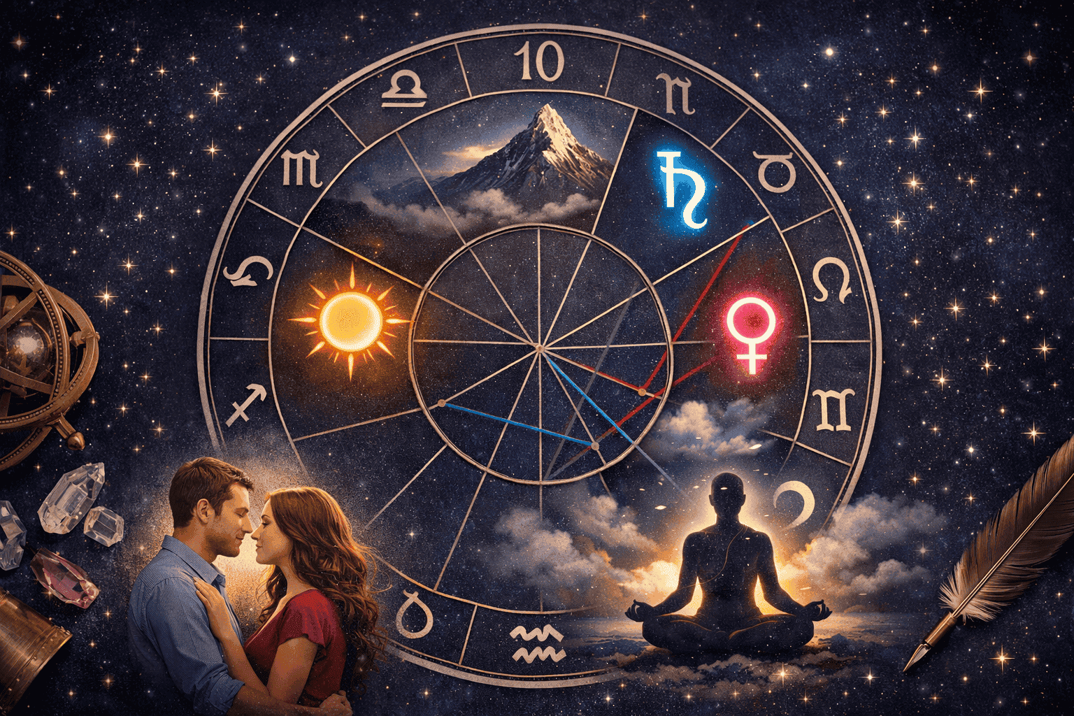 () showing a detailed close-up of a natal chart with planets placed inside house divisions—Sun in the 5th house, Saturn in