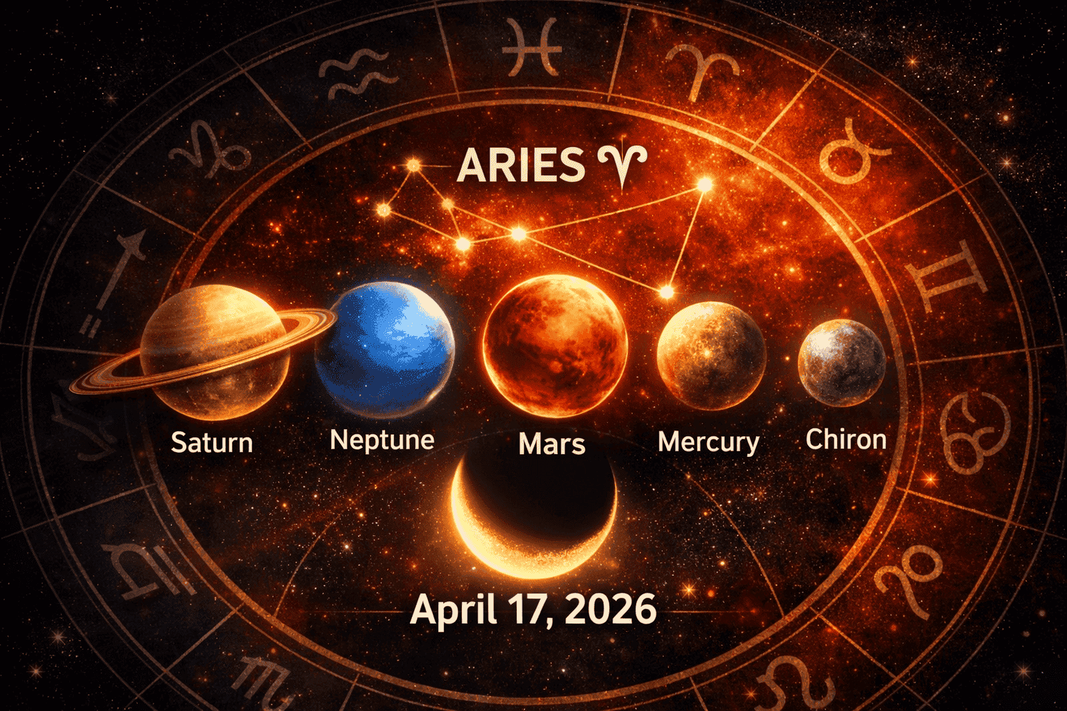 () showing a dramatic April 2026 planetary alignment visualization: five glowing planet orbs labeled Saturn, Neptune, Mars,