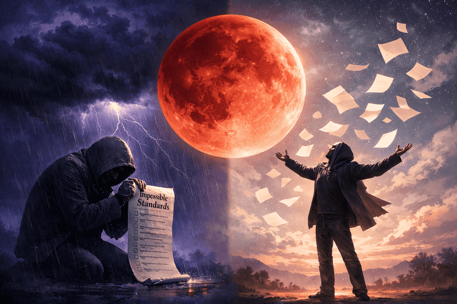 () showing a dramatic split-composition: left side features a shadowy figure hunched under a storm cloud holding a list