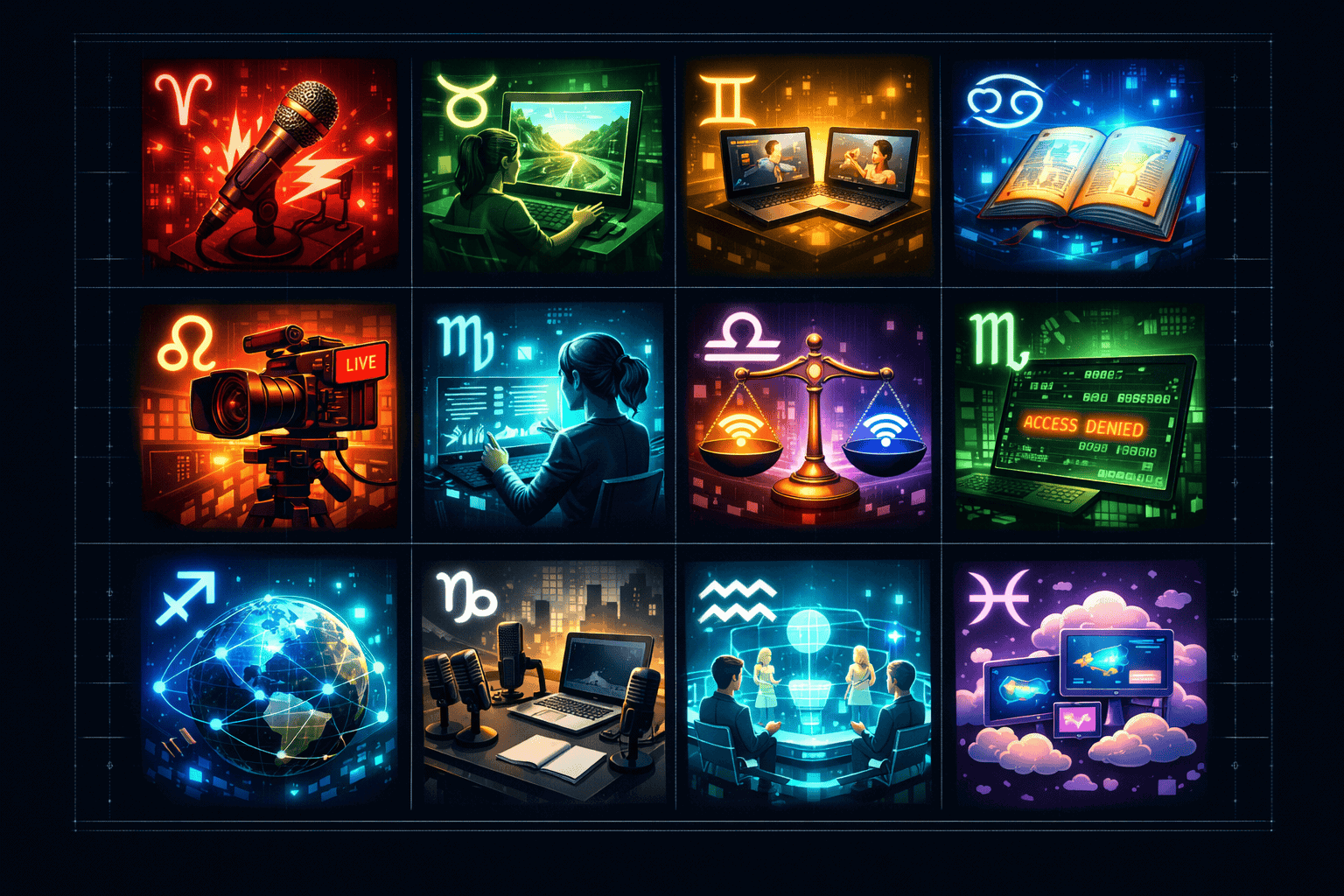 () showing twelve small portrait vignettes arranged in a 4x3 grid, each representing a zodiac sign with its symbol and a