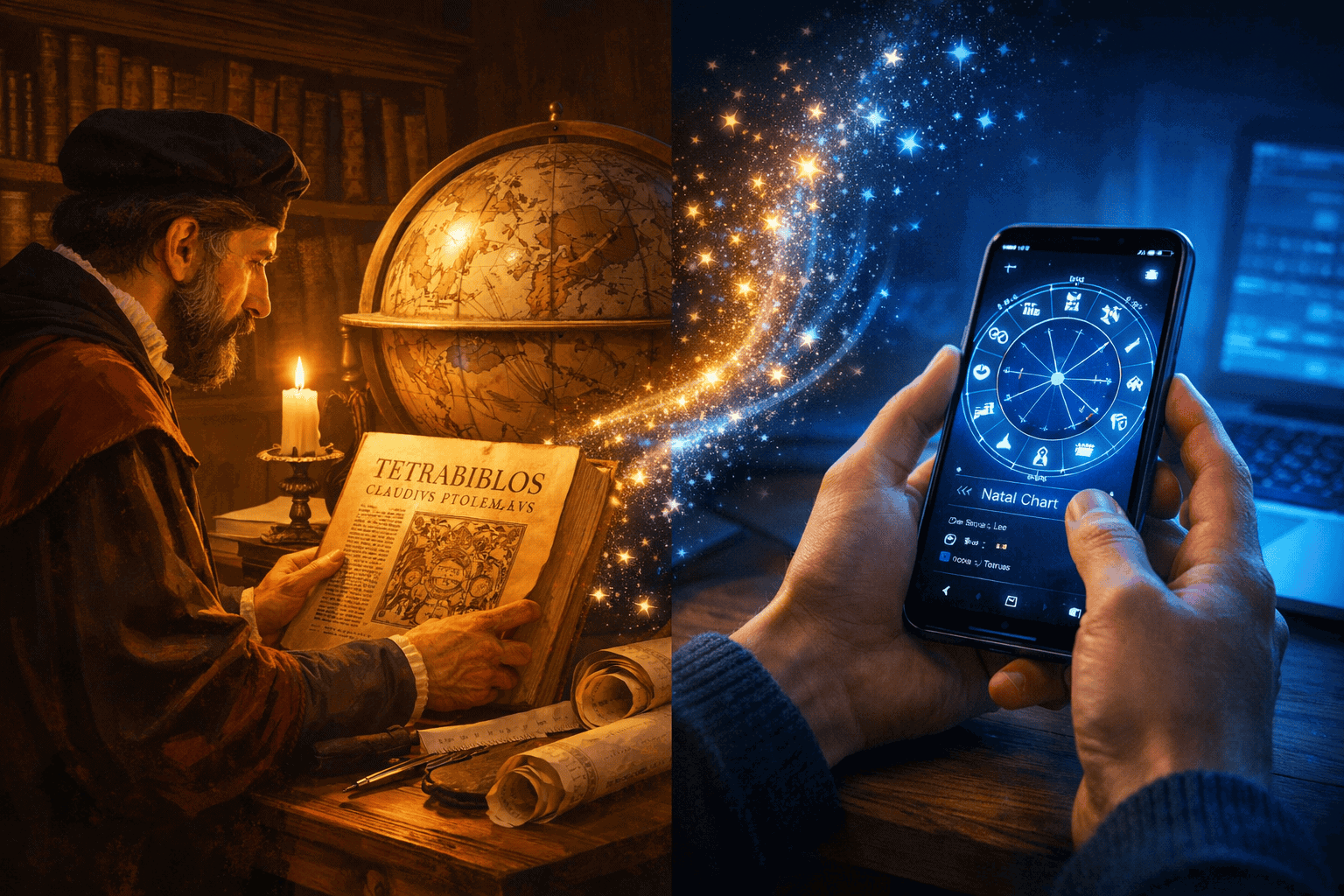 () side-by-side comparison scene: left half shows a Renaissance scholar studying a large celestial globe and Ptolemy's
