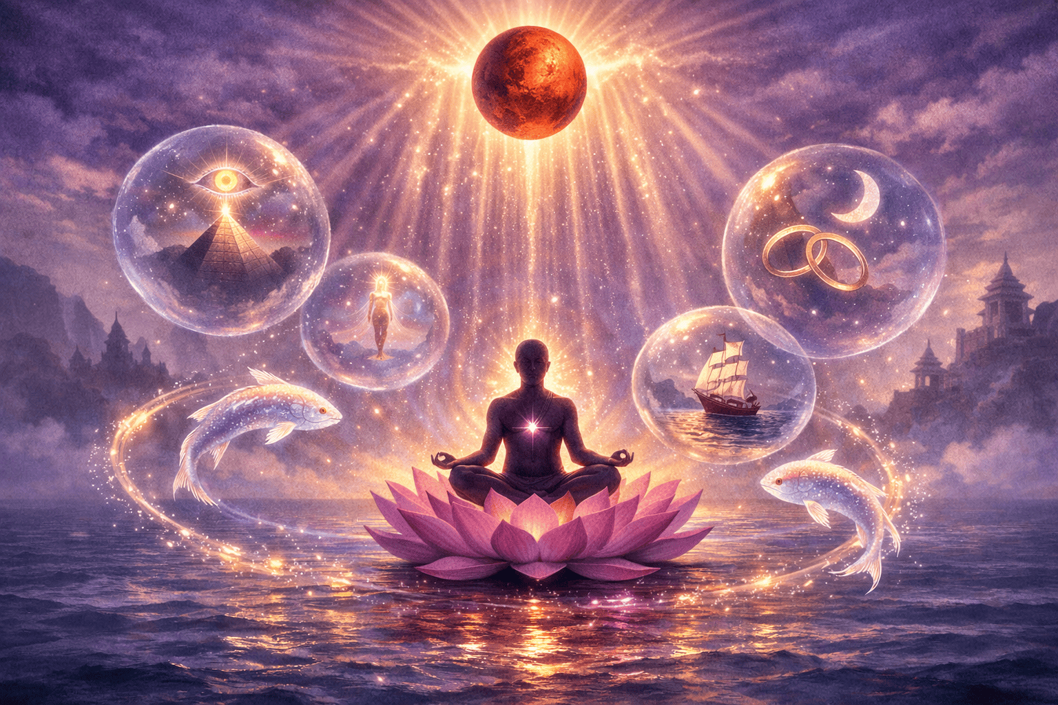 () spiritual concept illustration showing a meditating figure seated on a lotus above calm ocean waters, surrounded by