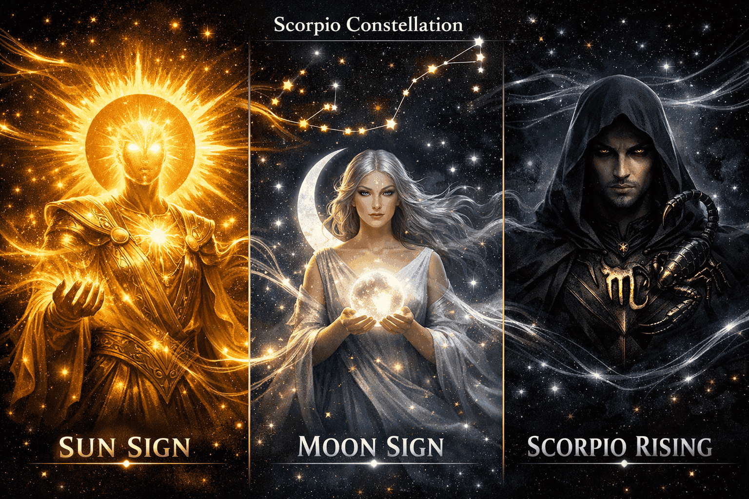 () split-composition comparison image showing three distinct astrological personas side by side: Sun sign as bright golden