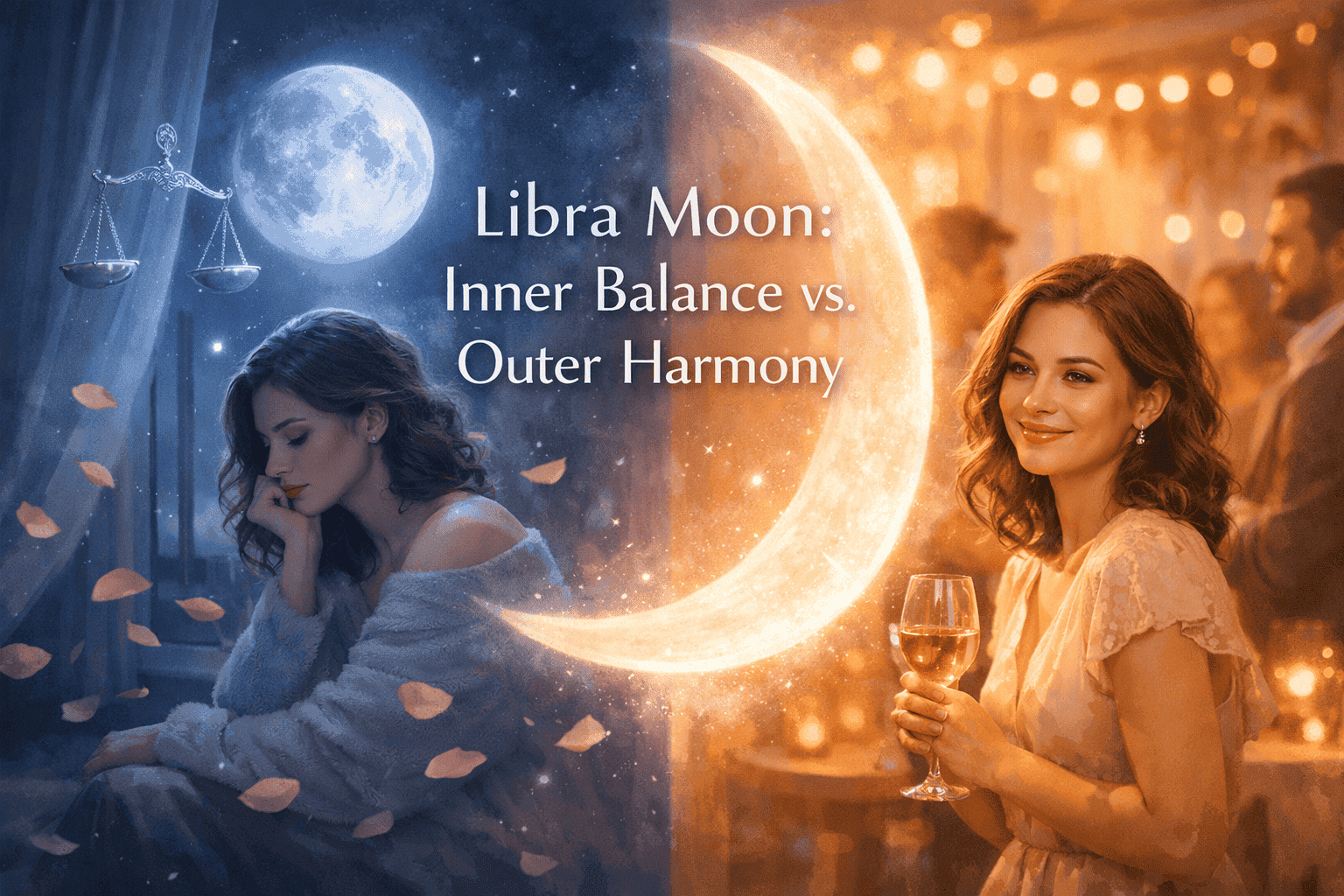 () split-composition image contrasting Libra Moon emotional inner world versus outer calm facade. Left half: a softly lit