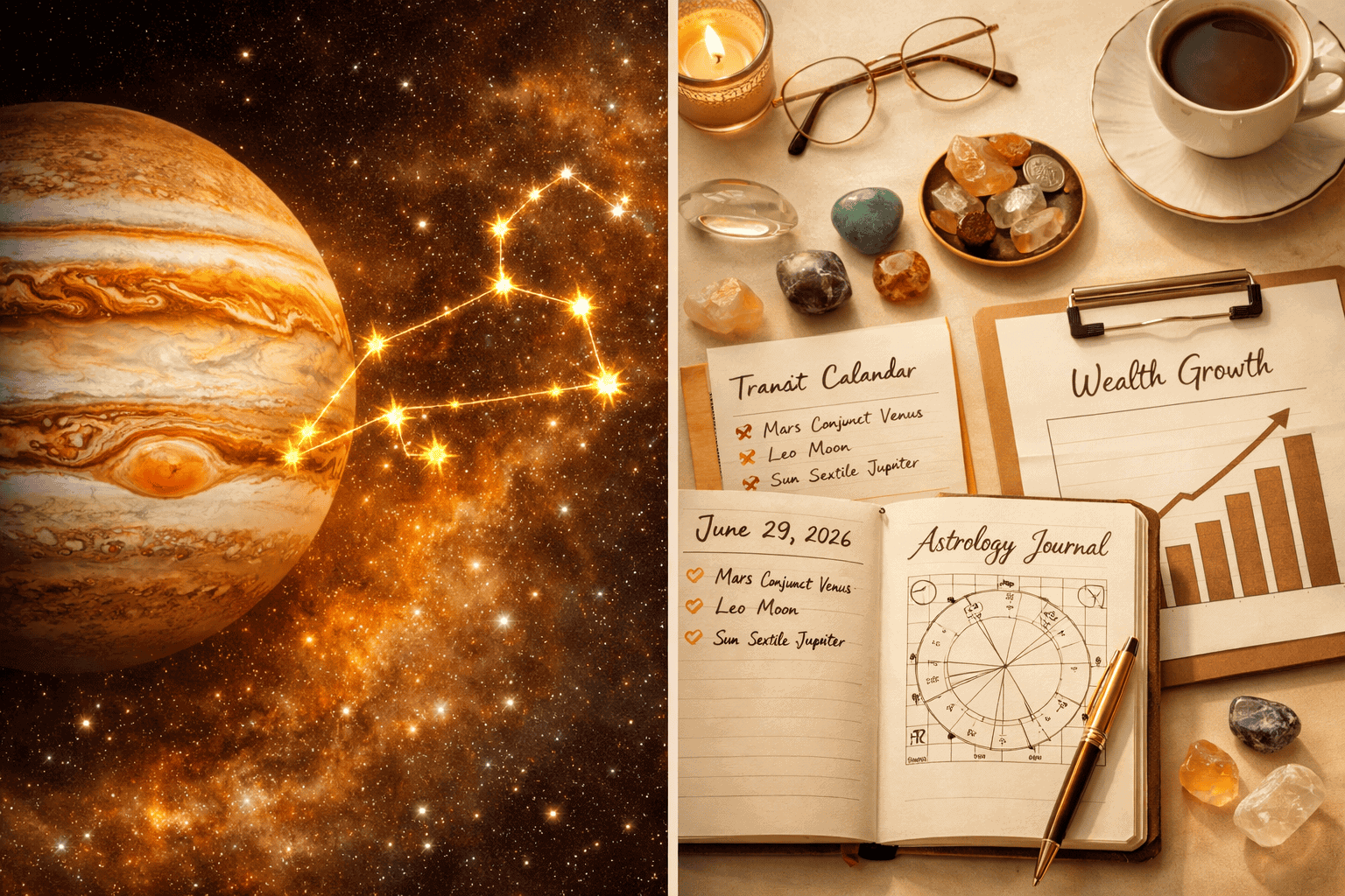 () split-composition image: left side shows Jupiter as a massive amber planet with swirling bands transitioning into a Leo