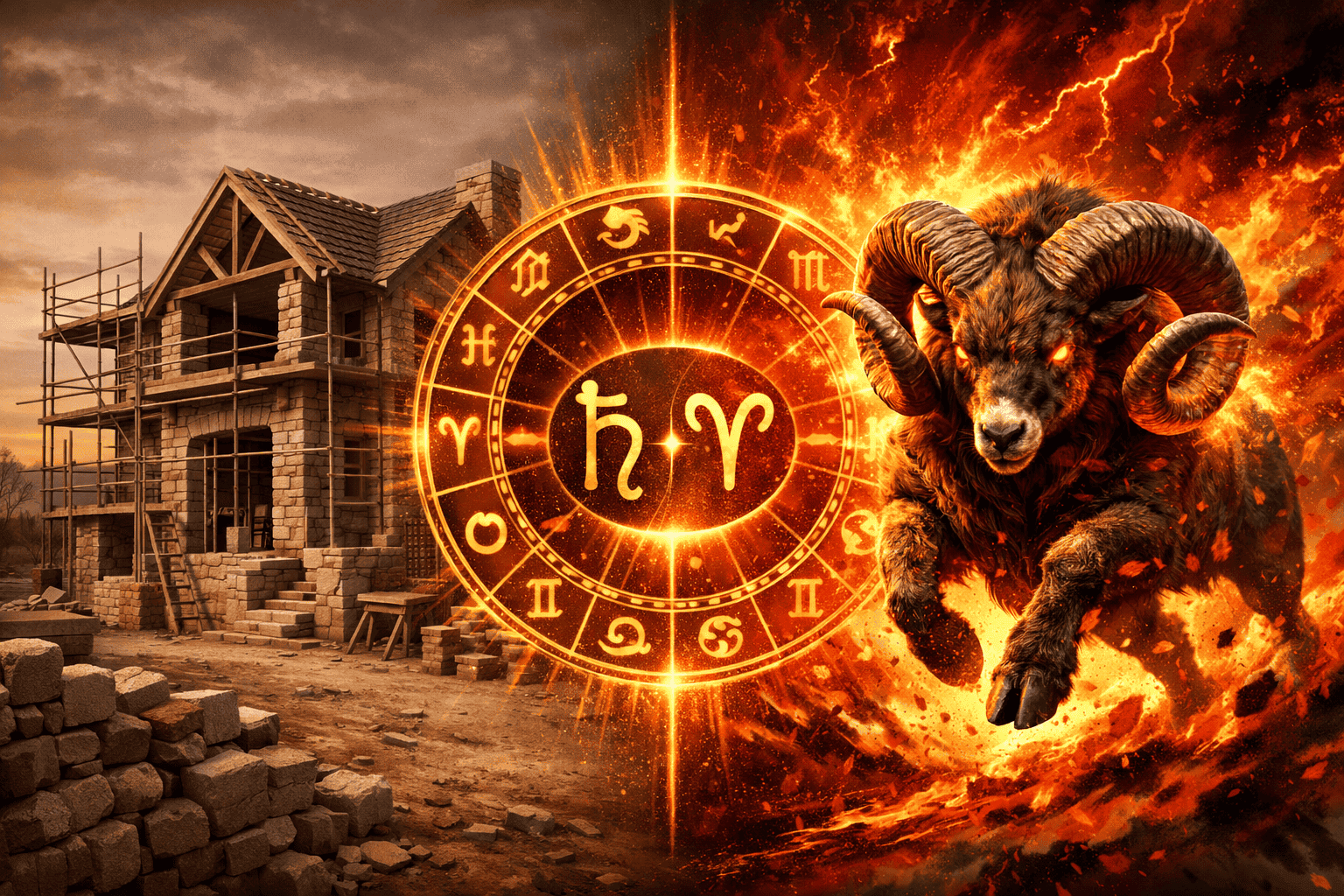 () split-composition image showing left side a calm structured stone building under construction representing Life Path 4