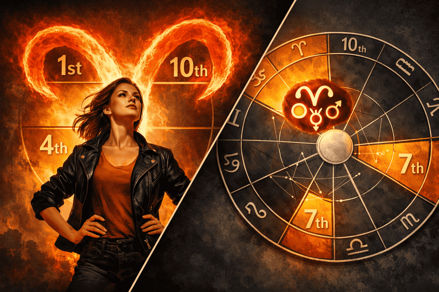 () split-composition image showing six different natal chart house sectors (1st, 4th, 7th, 10th highlighted in warm amber)
