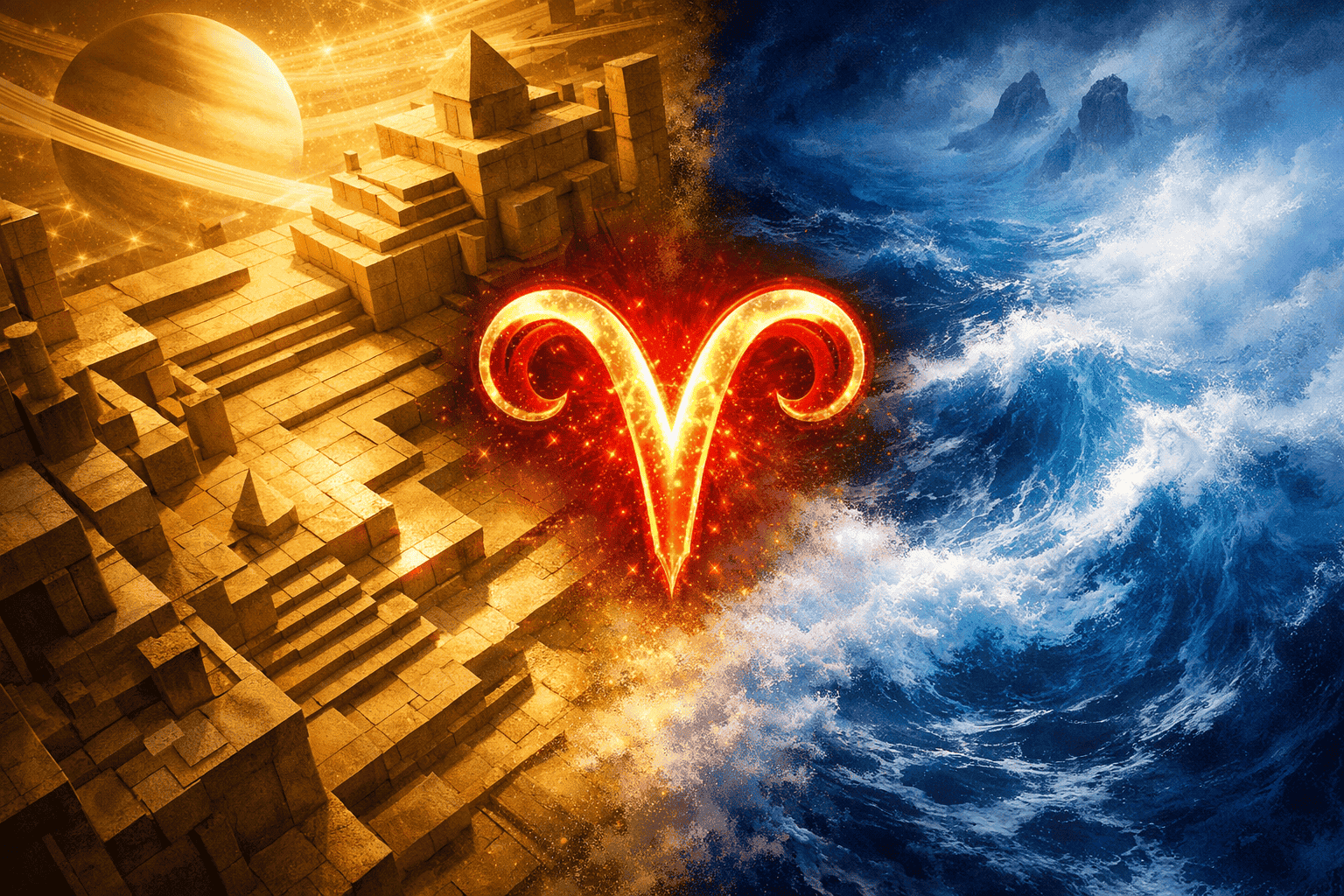 () split-composition image showing two contrasting yet harmonizing forces: left side features a structured stone