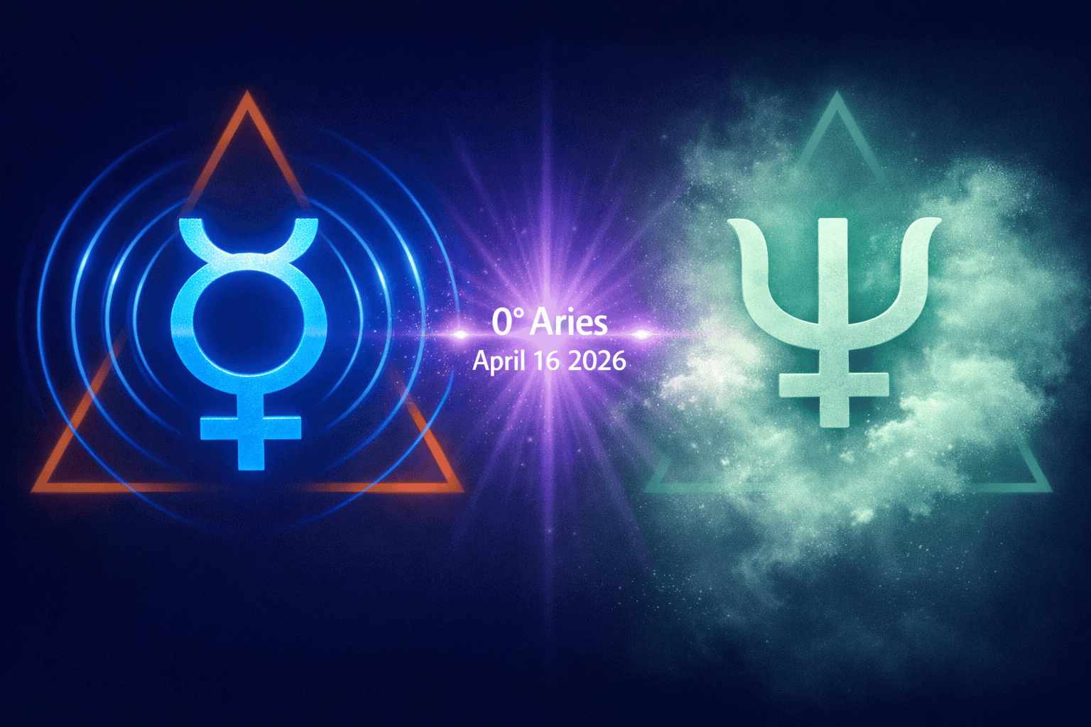 () split-composition infographic-style illustration: left side shows Mercury symbol in electric blue with communication
