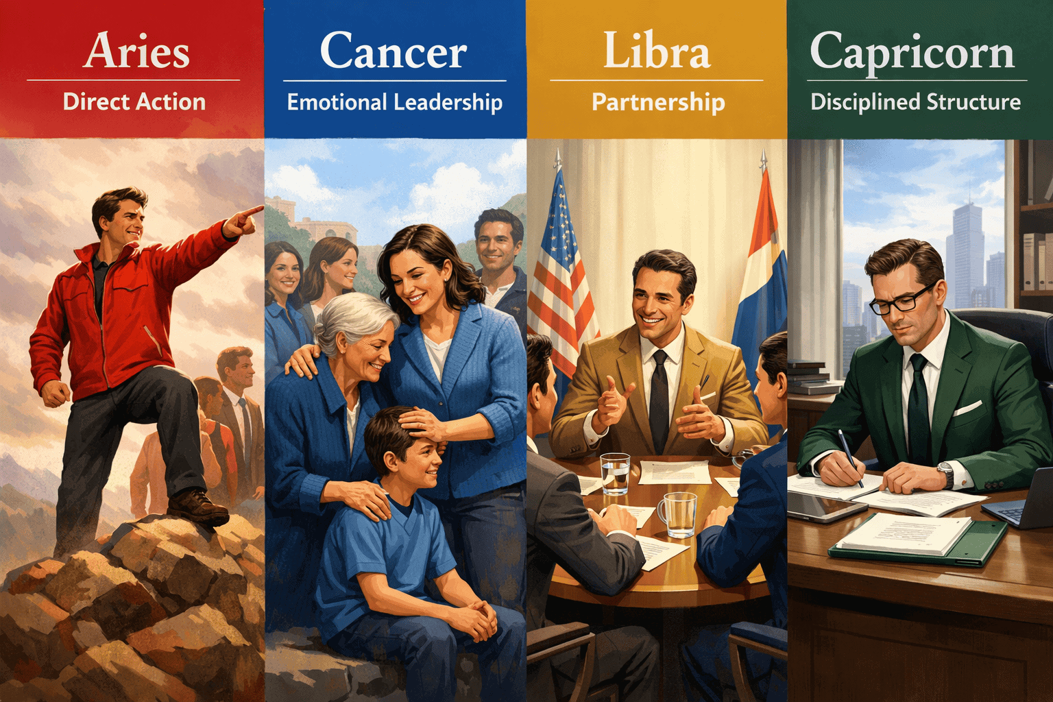 () split-panel comparison graphic showing four leadership archetypes corresponding to cardinal signs: left panel shows a