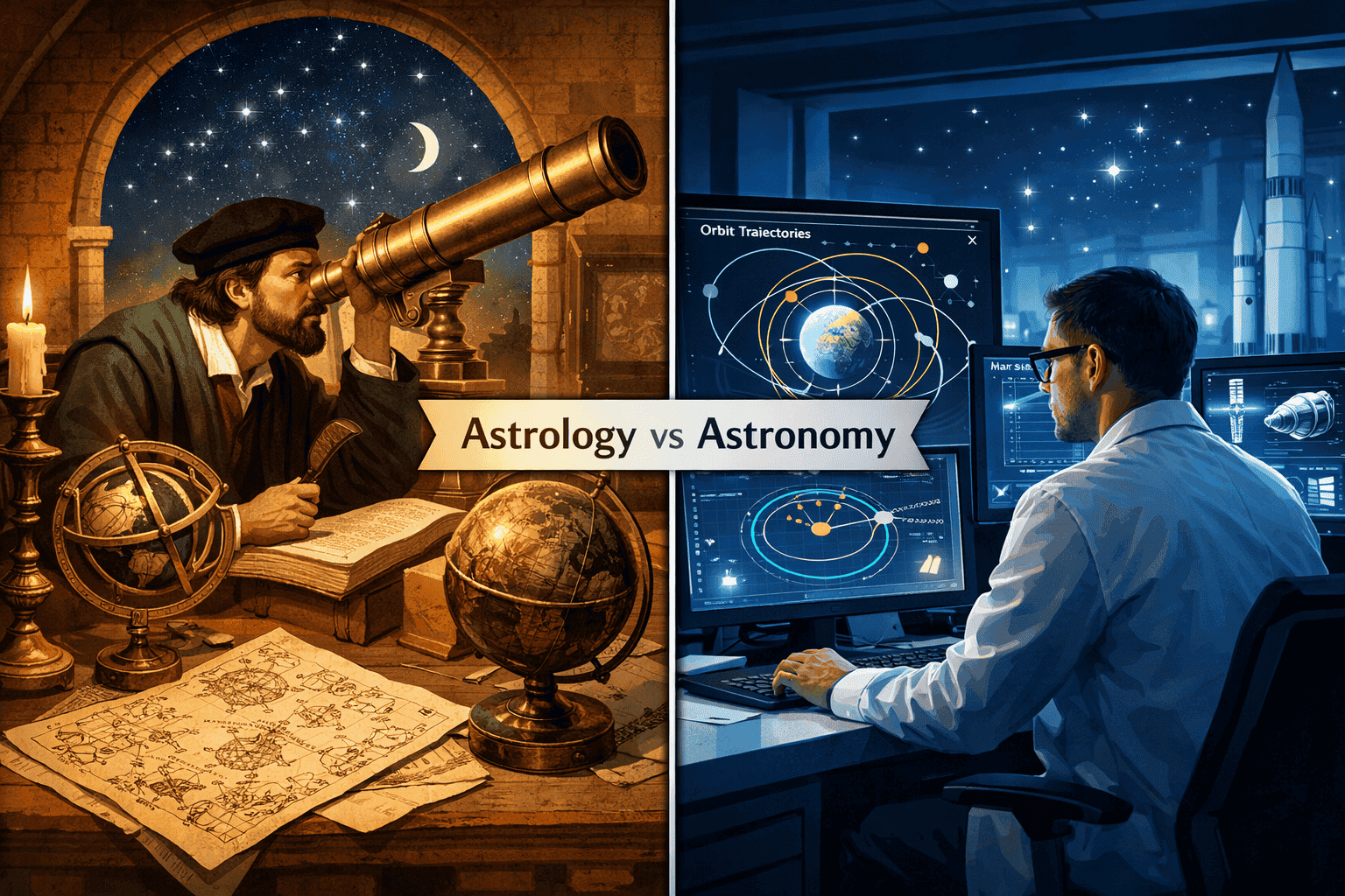 () split-panel comparison image: left side shows a Renaissance-era astronomer at a brass telescope with star maps and
