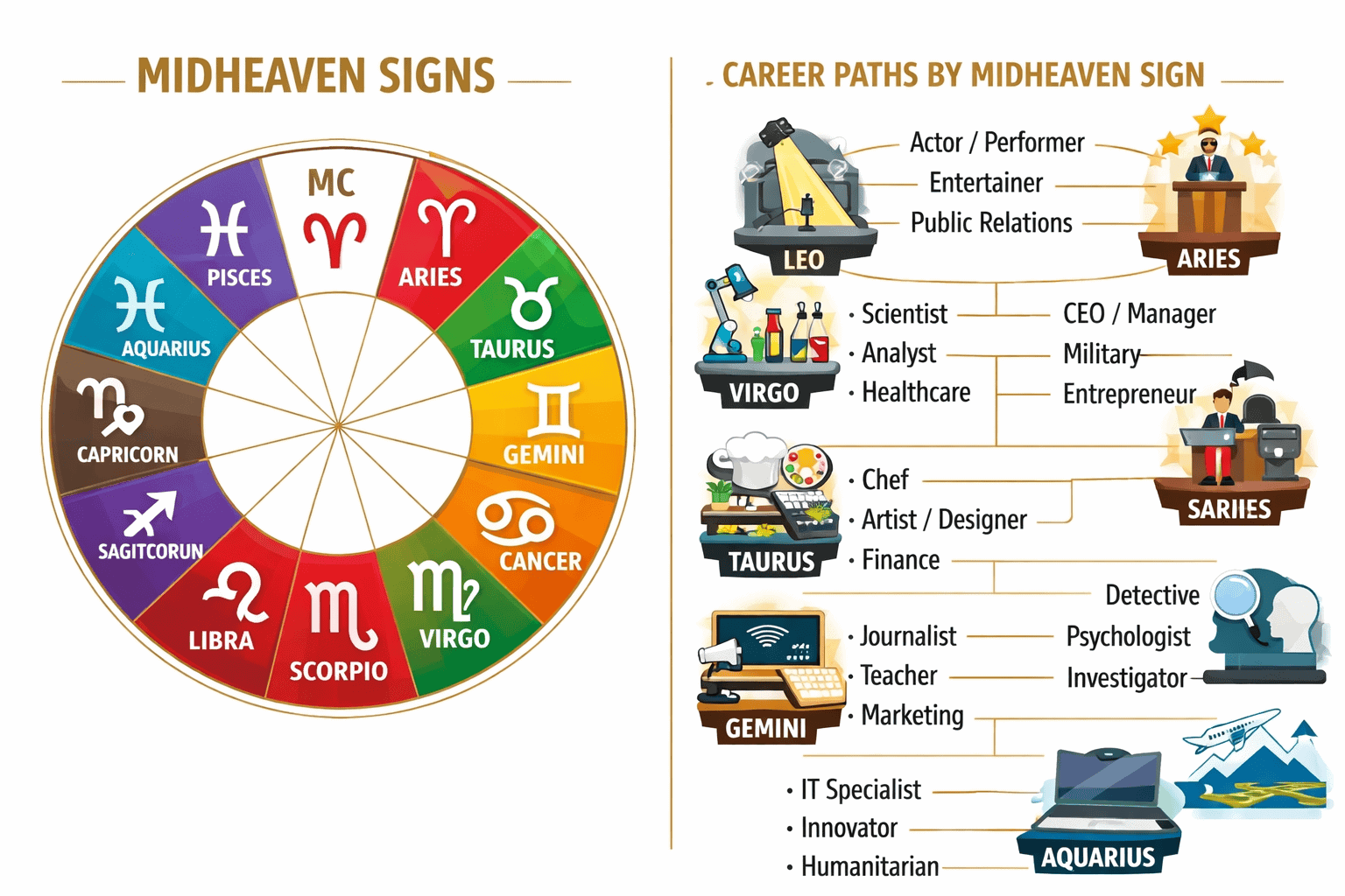 () split-panel comparison showing all 12 Midheaven signs as a circular zodiac wheel on the left, each sign represented by