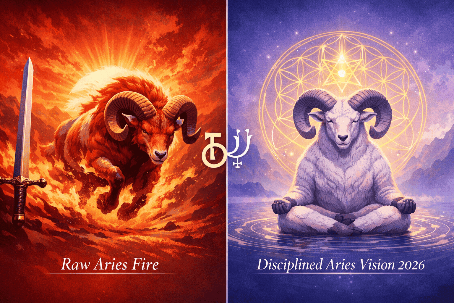 () split-panel concept illustration contrasting classic Aries personality traits on the left ( red ram charging forward,