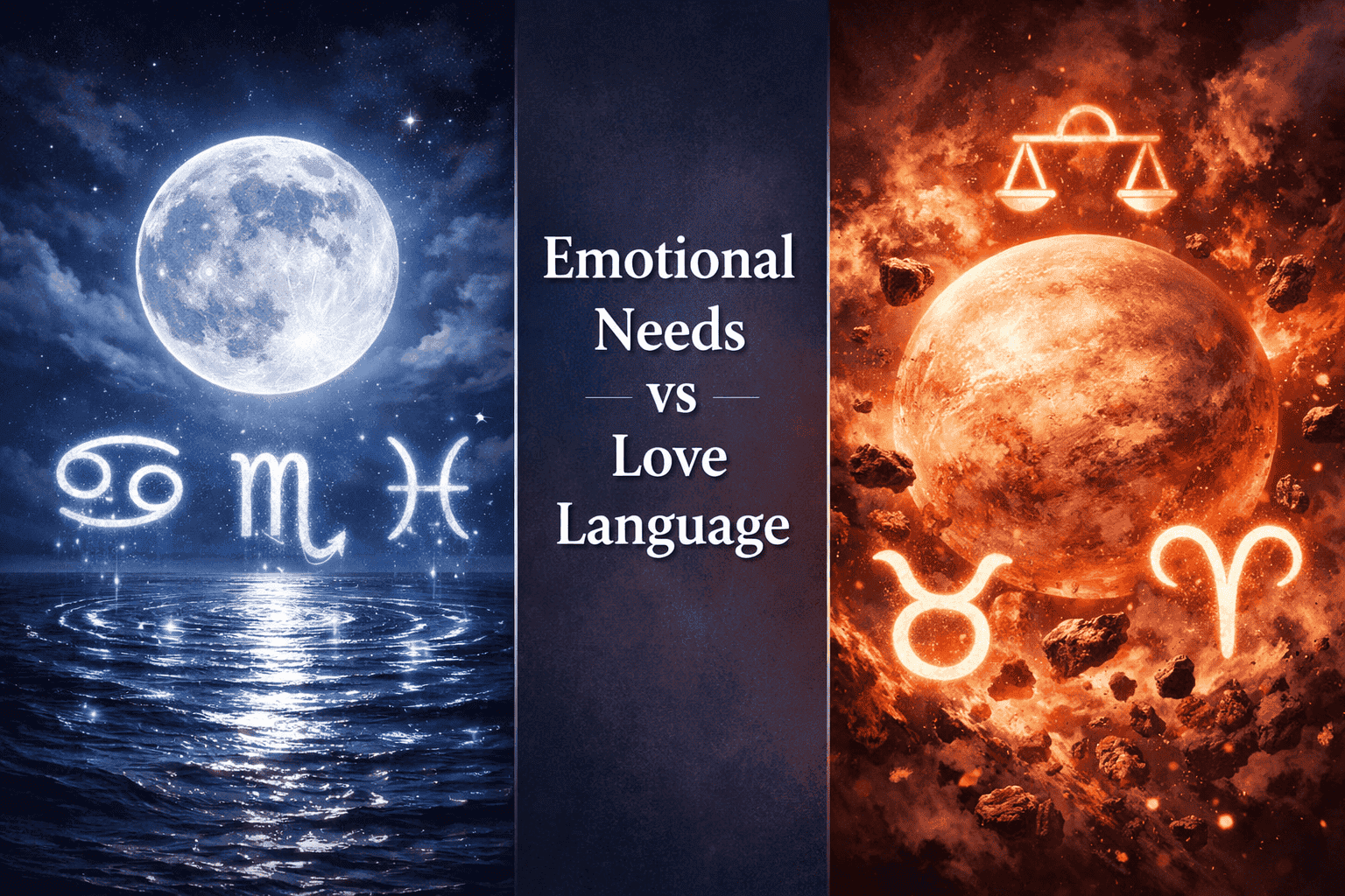 () split-panel concept illustration: left panel shows a glowing silver Moon over a calm ocean with emotional wave ripples