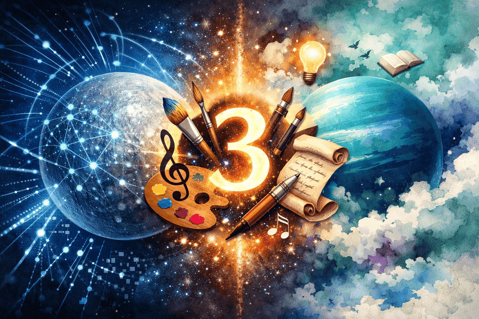 () split-panel concept illustration: left side shows Mercury planet in silver-blue with communication waves and neural