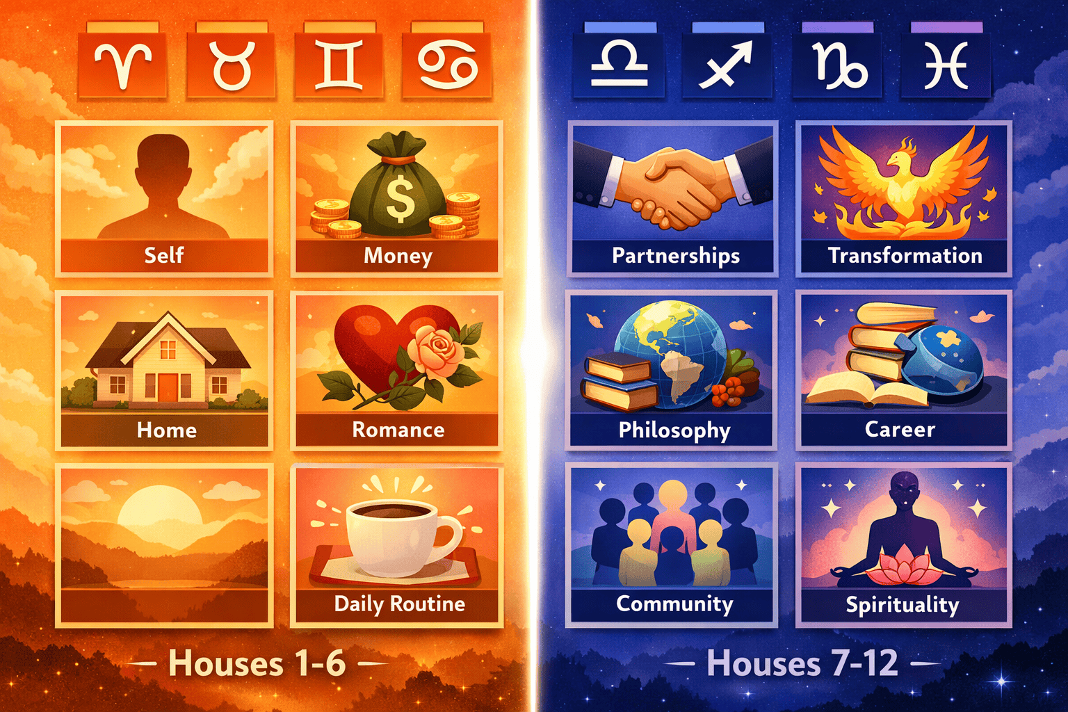 () split-panel illustration contrasting the six personal houses (1-6) on the left in warm sunrise colors—orange, gold,