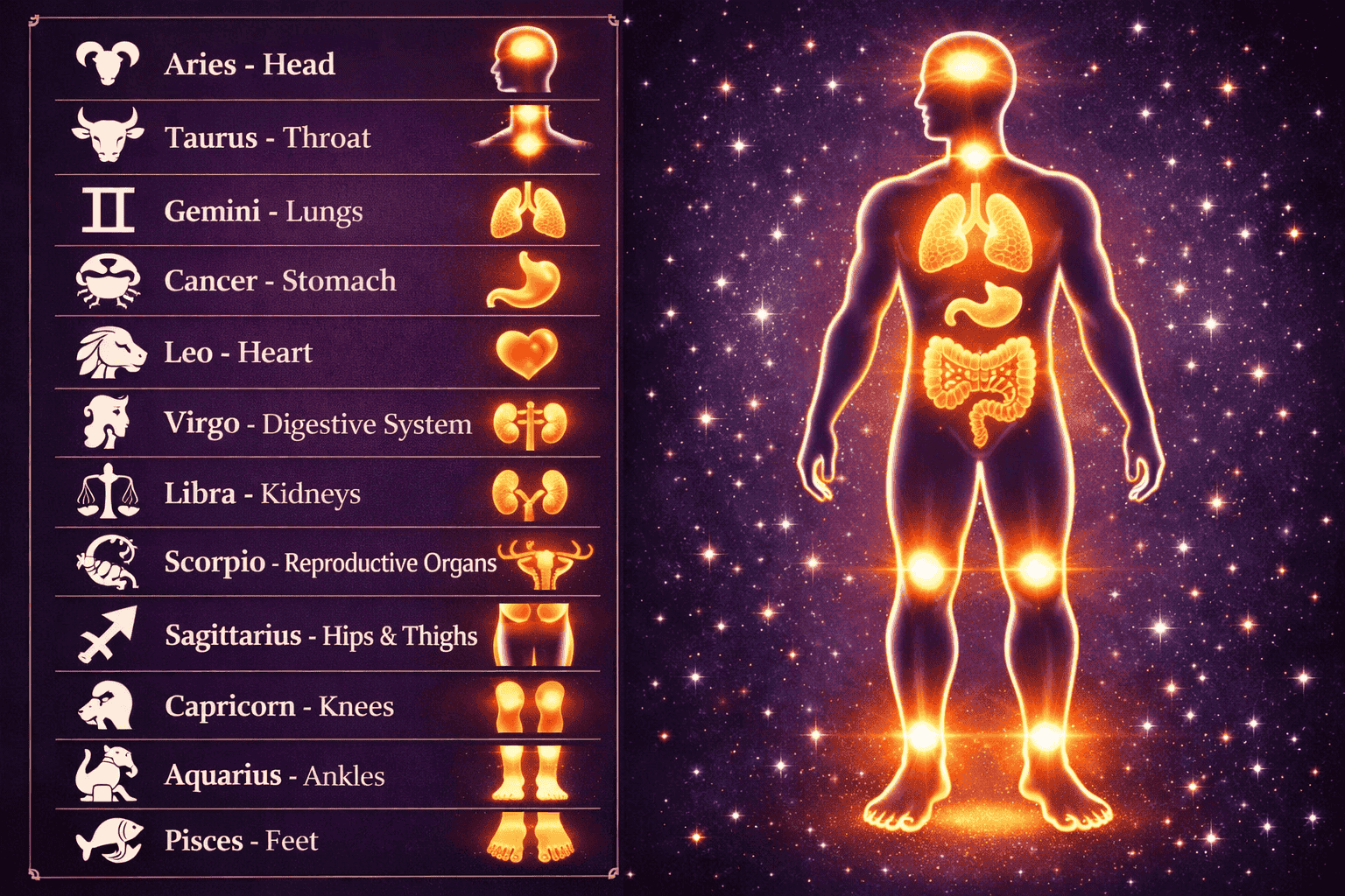 () split-panel illustration: left side shows the twelve zodiac signs arranged in a vertical list with corresponding body