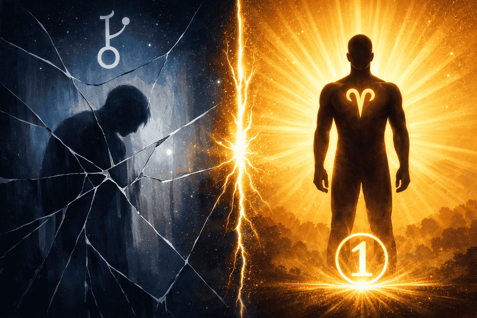 () split-panel illustration showing left side: a cracked mirror reflecting a shadowed human figure representing identity