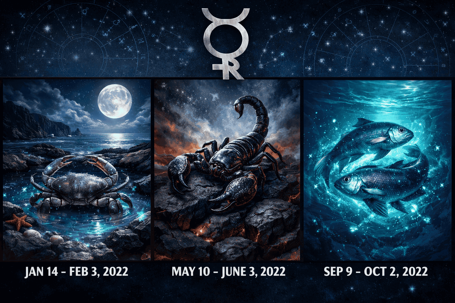 () split-panel illustration showing three water sign symbols — Cancer crab in moonlit tide pool, Scorpio scorpion on dark