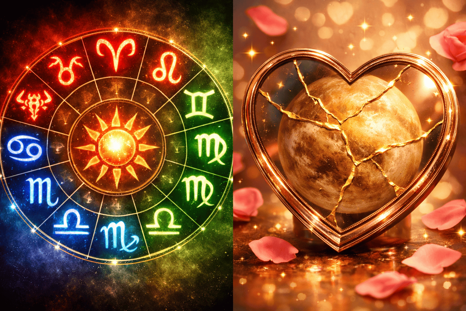 () split-panel illustration showing twelve zodiac symbols arranged in a circular wheel on the left, each glowing in its