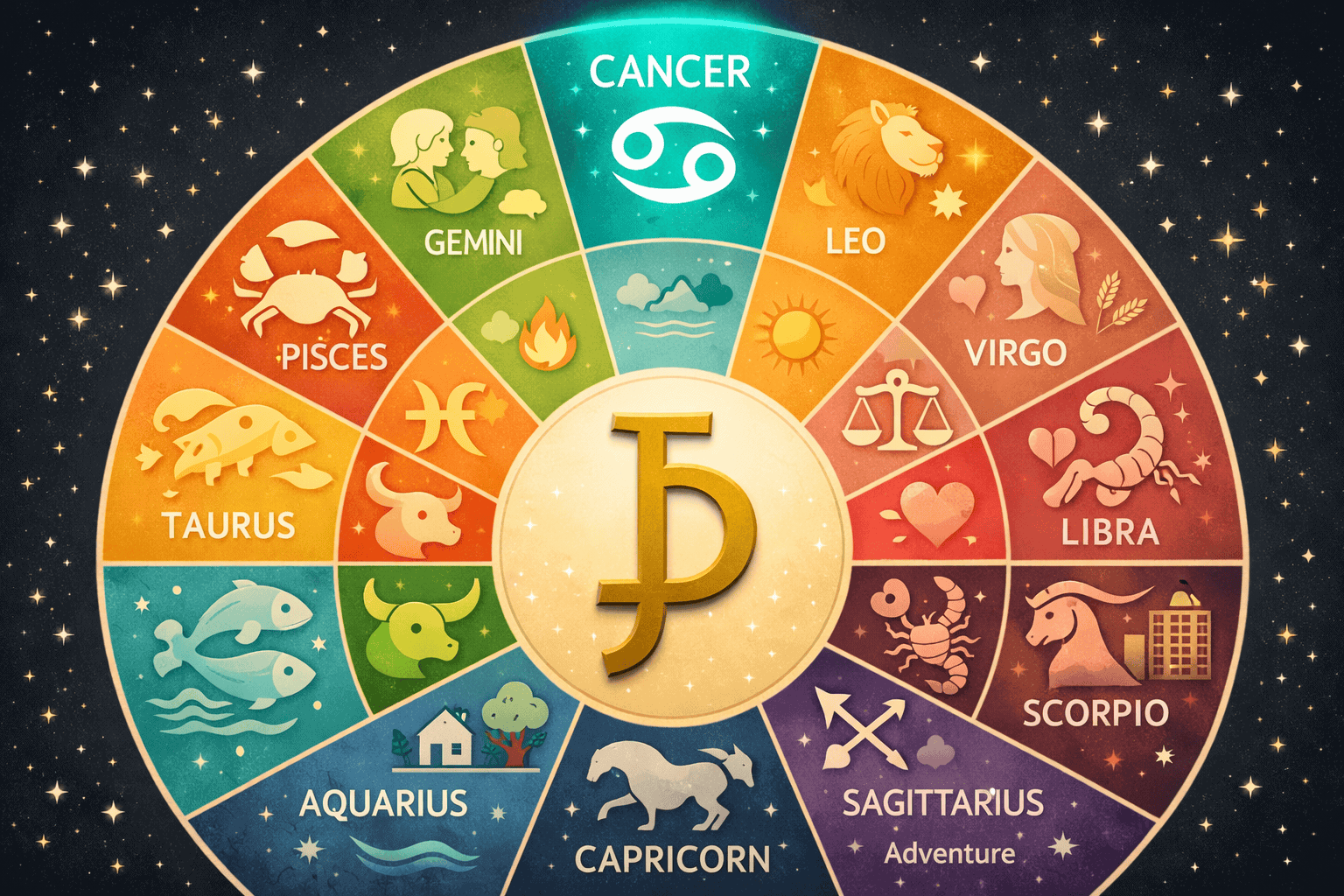 () split-panel infographic illustration showing all 12 zodiac signs arranged in a circular wheel with Cancer at the top