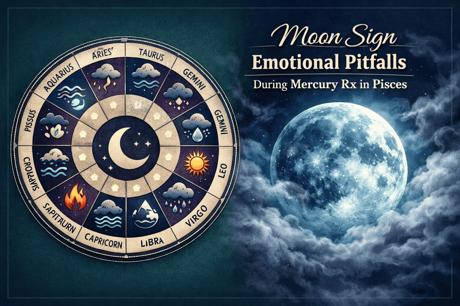 () split-panel infographic showing 12 moon sign icons arranged in a circular wheel on the left, each with a small emotional