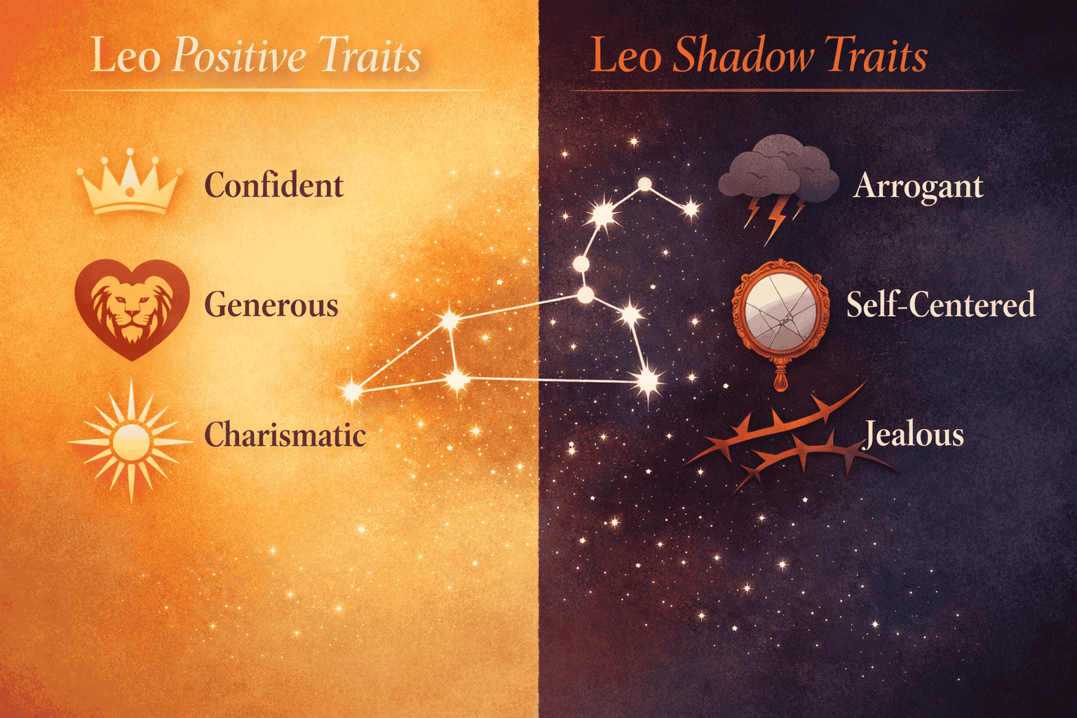 () split-panel infographic showing Leo positive traits on left side (crown, lion heart, sunburst icons in gold) versus
