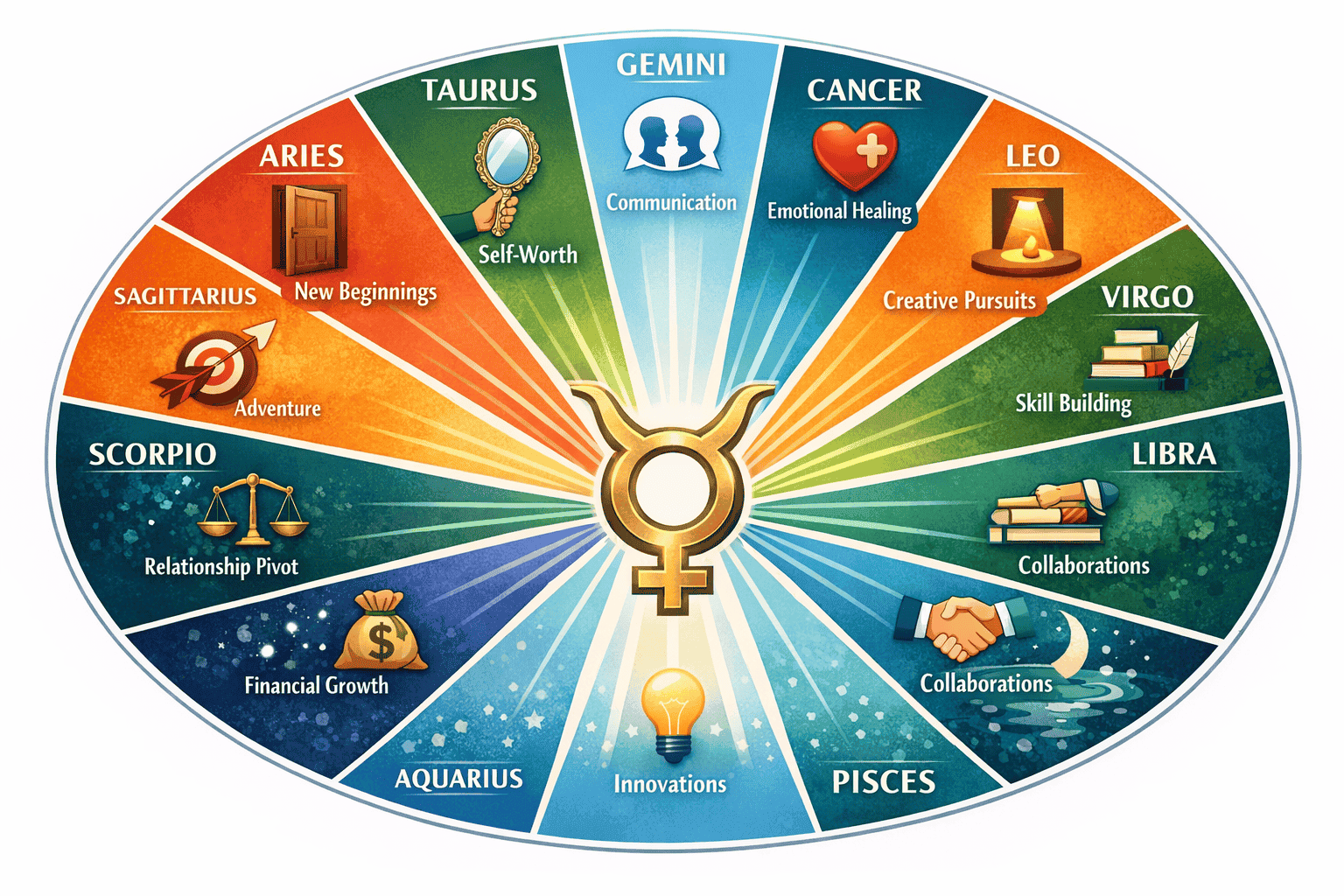 () split-panel infographic showing all 12 zodiac sign symbols arranged in a circular wheel with Venus-Taurus glyph at center