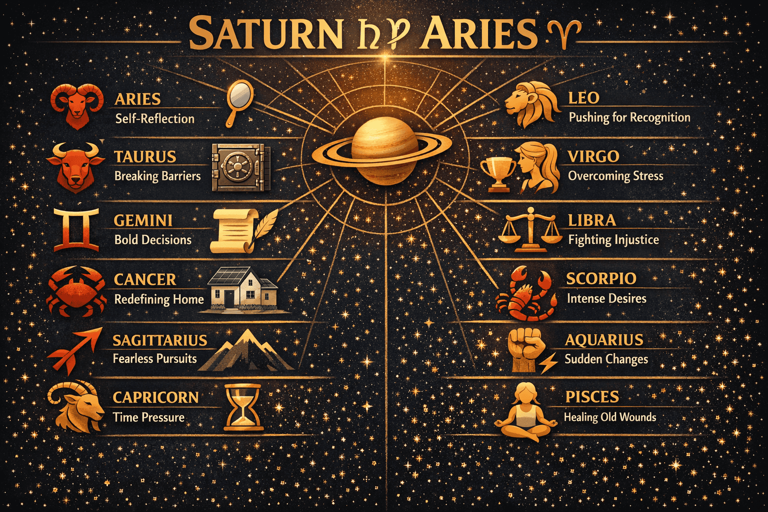 () split-panel infographic showing all 12 zodiac sign symbols arranged in two columns, each paired with a small icon