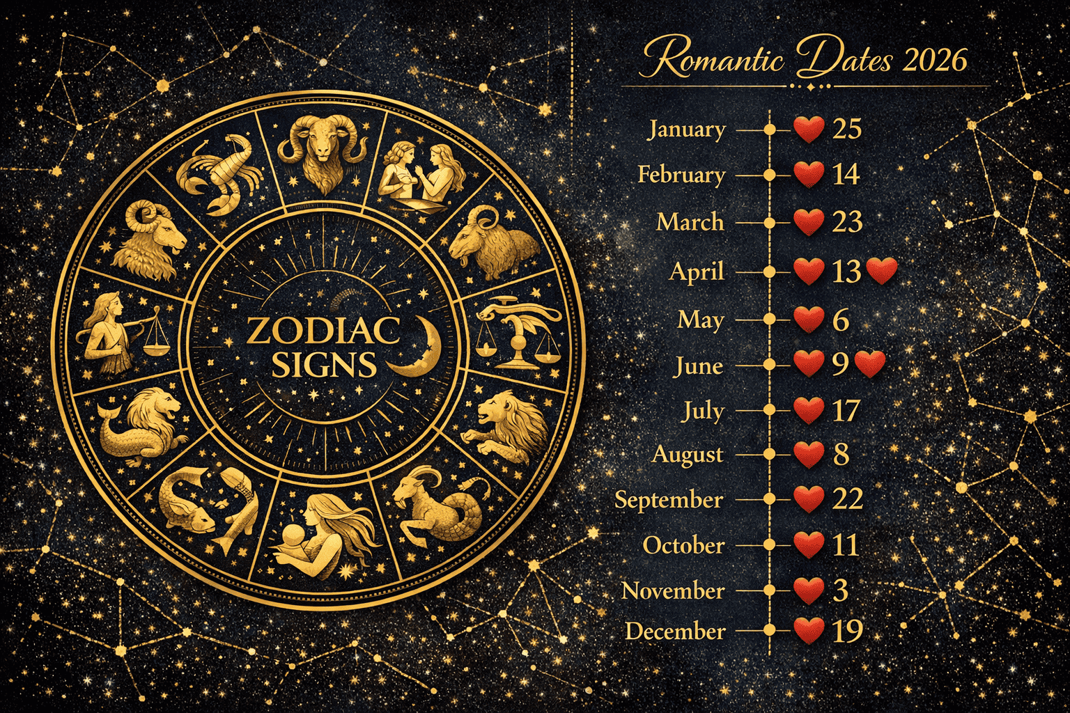 () split-panel infographic showing all 12 zodiac signs arranged in a circular wheel on the left, and a vertical timeline of