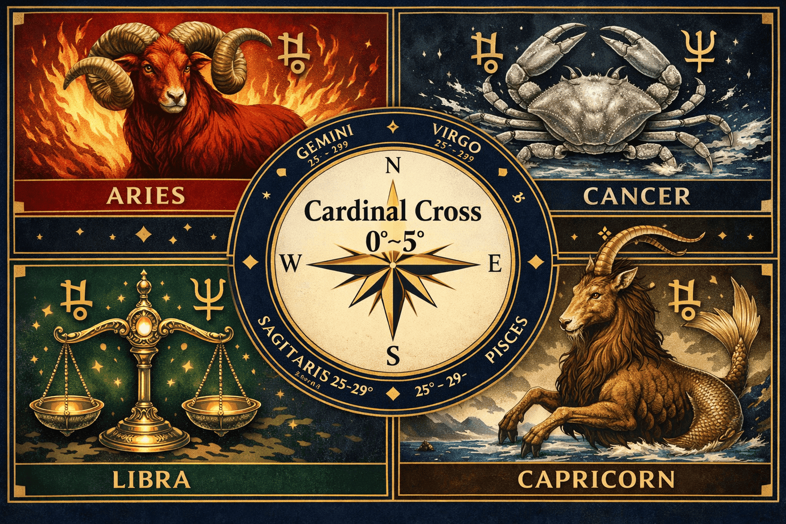 () split-panel infographic showing four zodiac signs — Aries (ram, red), Cancer (crab, silver), Libra (scales, green),