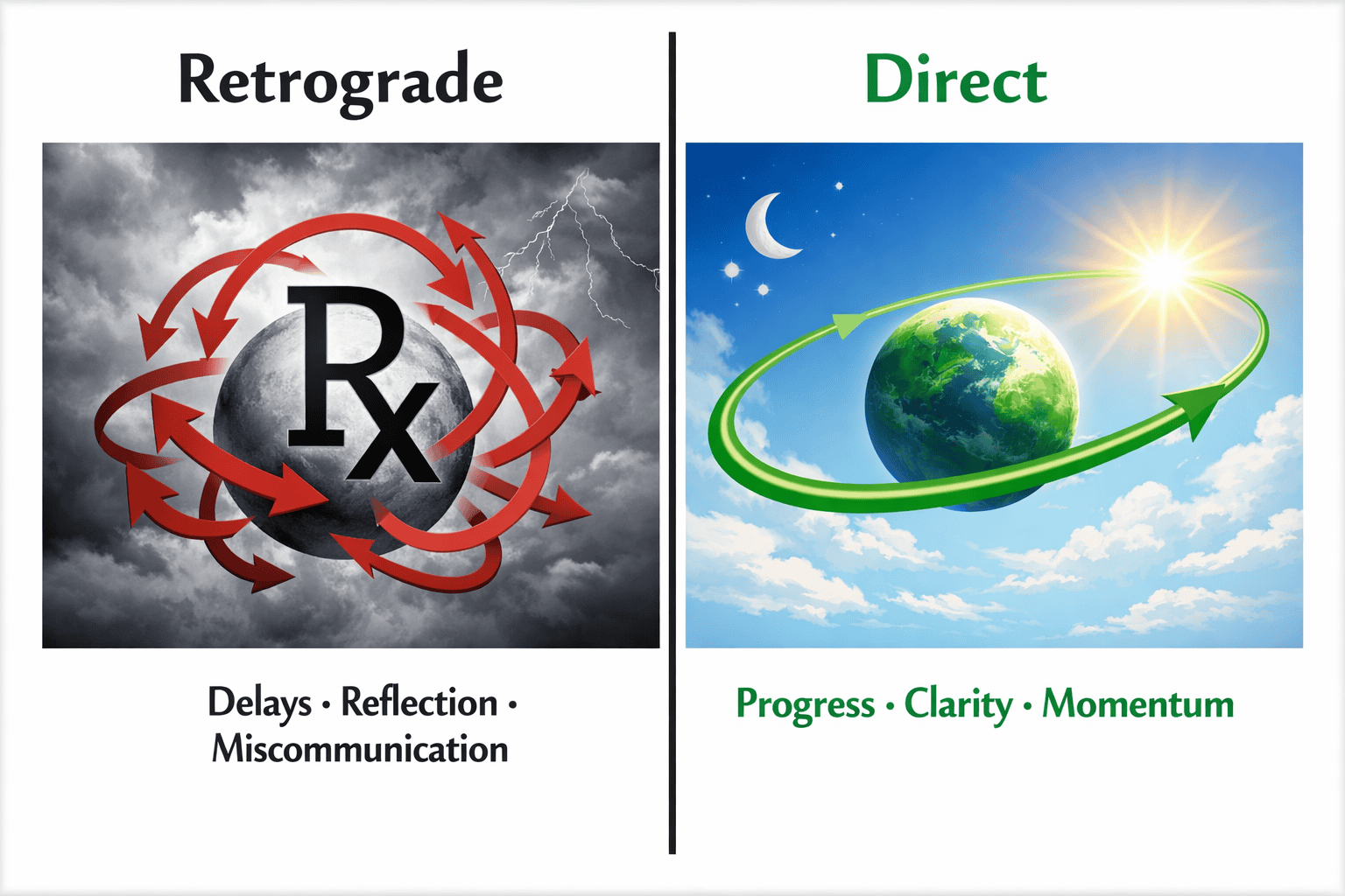() split-panel infographic showing left side a chaotic retrograde symbol with red arrows looping backward against a grey