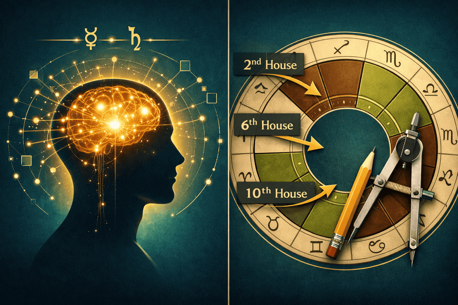() split-panel infographic showing on the left a human silhouette with a glowing brain and structured thought-map radiating