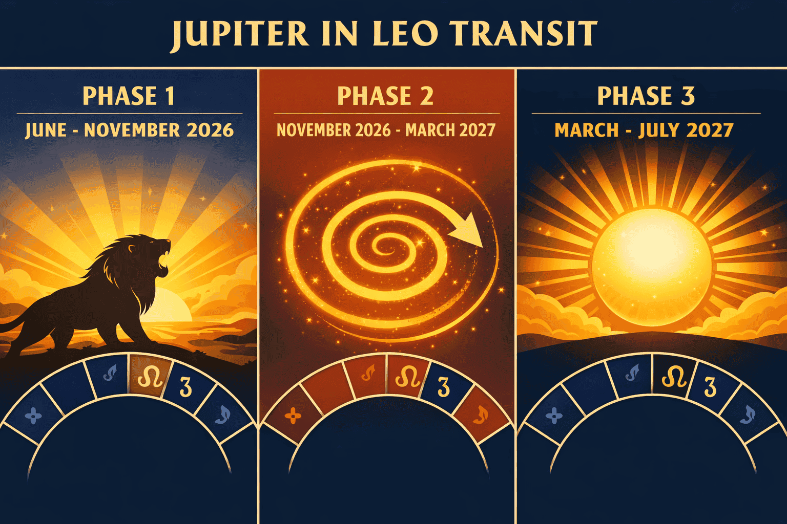 () split-panel infographic showing three phases of Jupiter in Leo transit: Phase 1 June-November 2026 shown as sunrise with