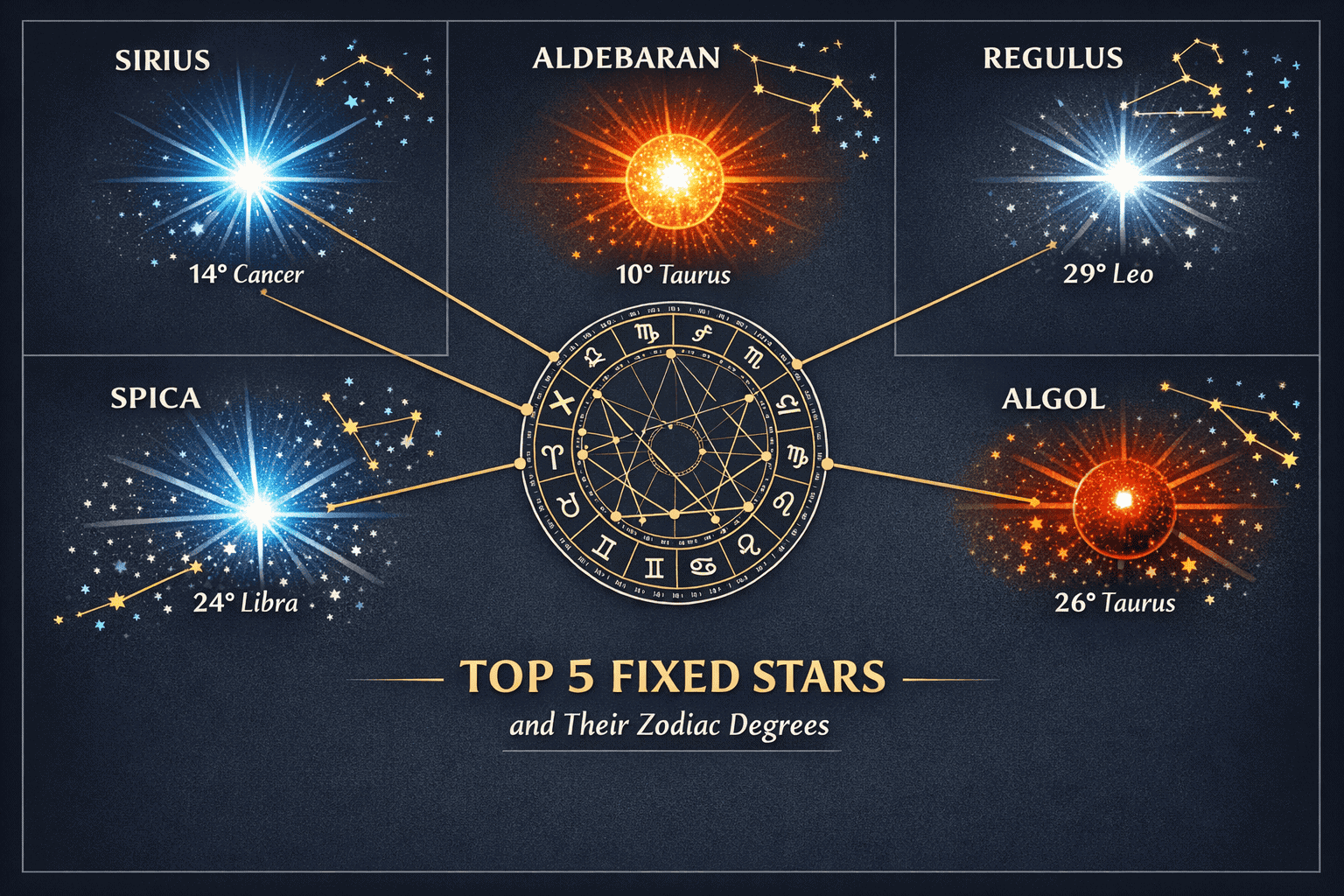 () split-panel infographic showing top five fixed stars — Sirius, Aldebaran, Regulus, Spica, and Algol — each depicted as a