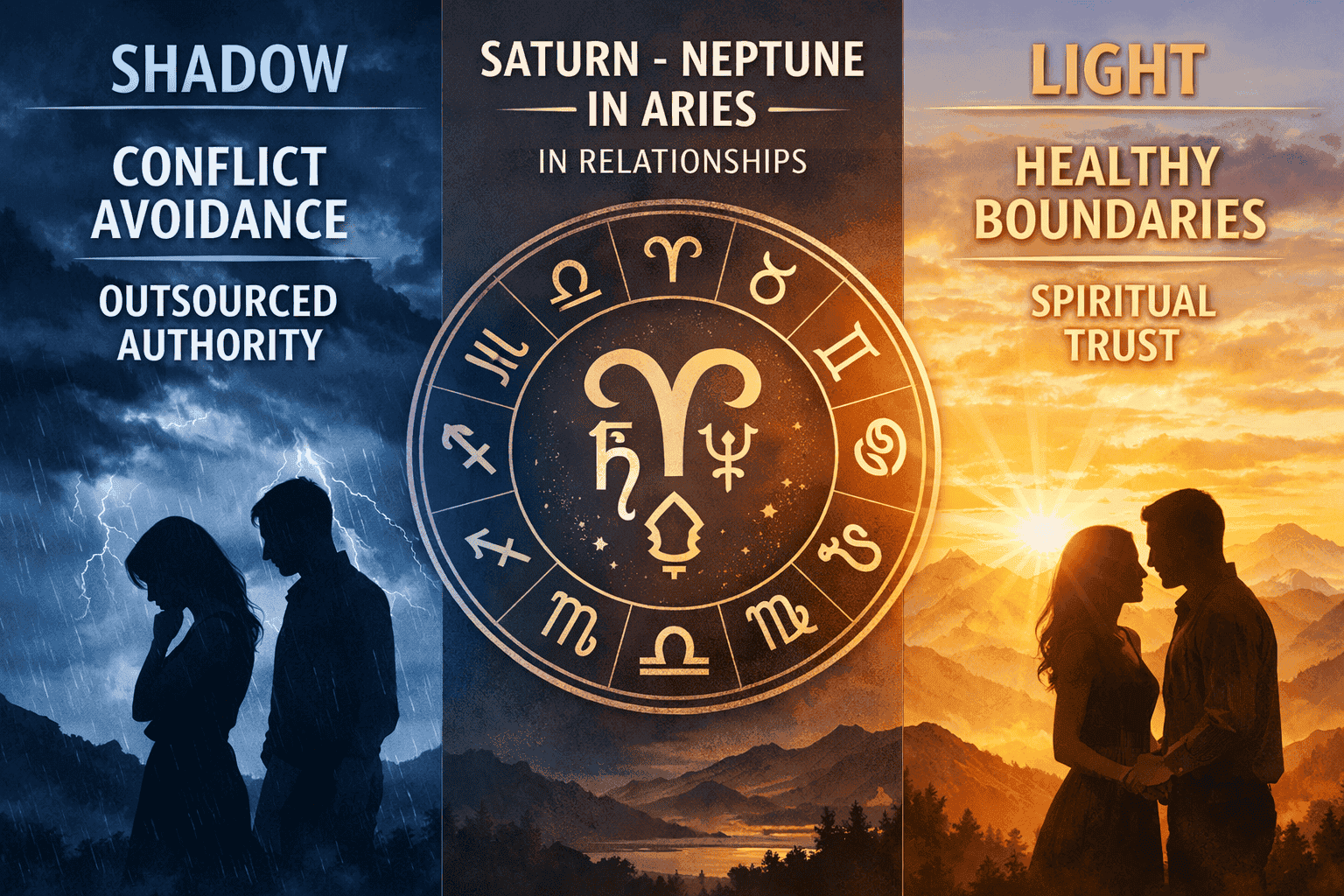 () split-panel infographic showing vs. light manifestations of Saturn-Neptune in Aries for relationships, left panel in cool