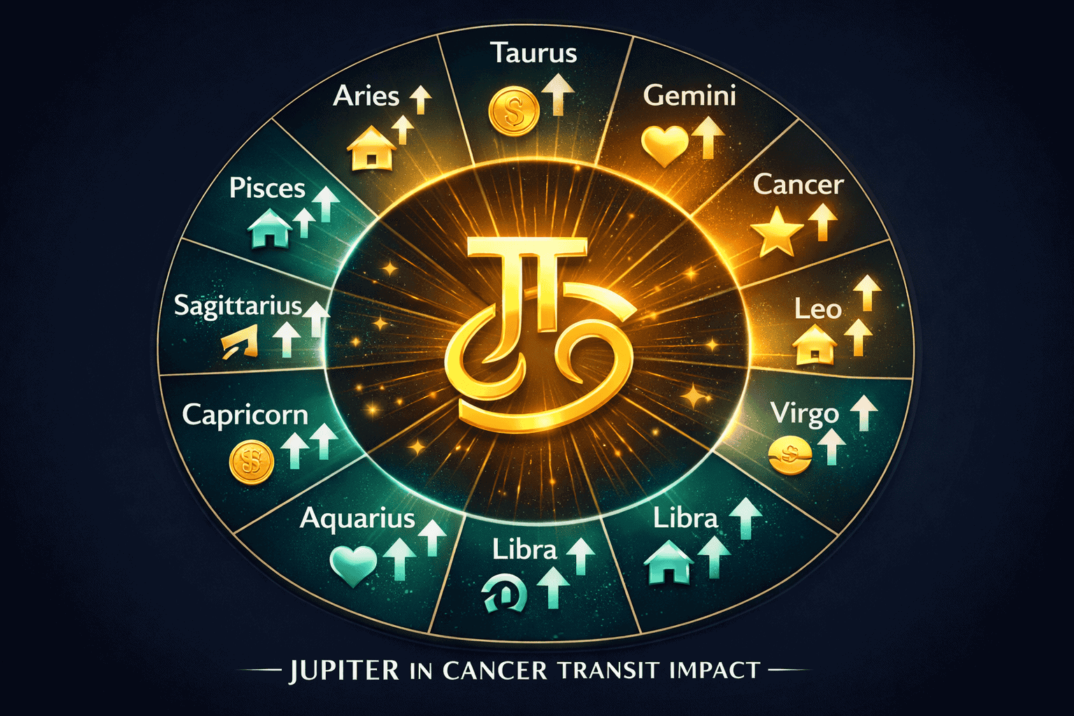 () split-panel infographic-style illustration showing all 12 zodiac signs arranged in a circular wheel, each segment glowing