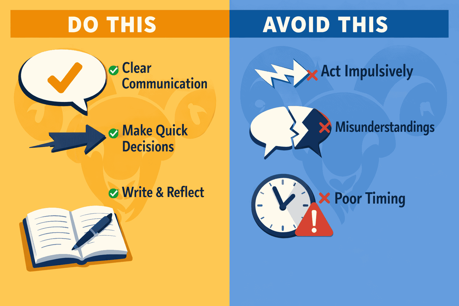 () split-panel visual showing 'Do This / Avoid This' checklist concept for the Sun-Mercury conjunction period. Left panel in