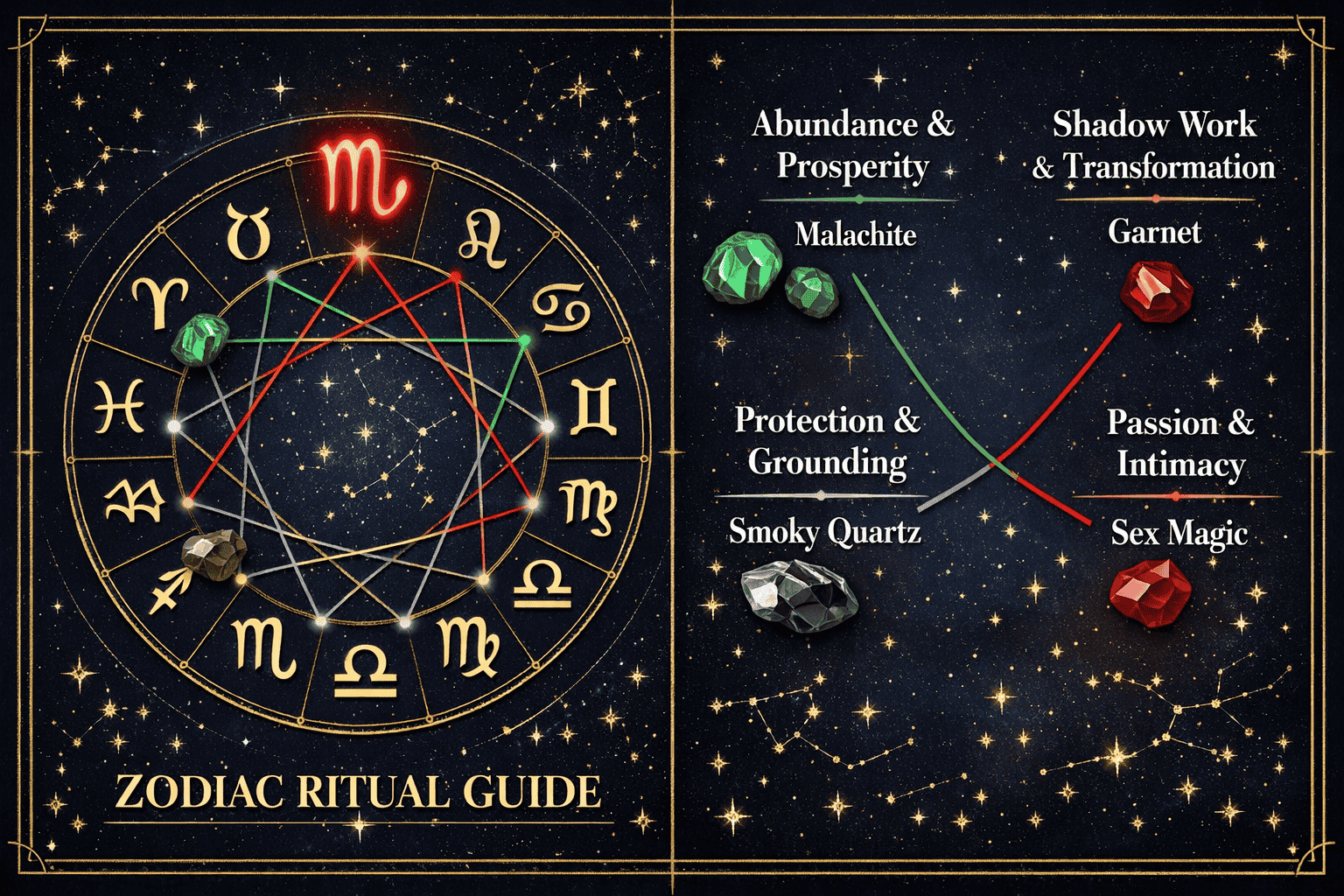 () split-panel zodiac ritual guide infographic showing all 12 zodiac sign symbols arranged in a circular wheel on deep navy