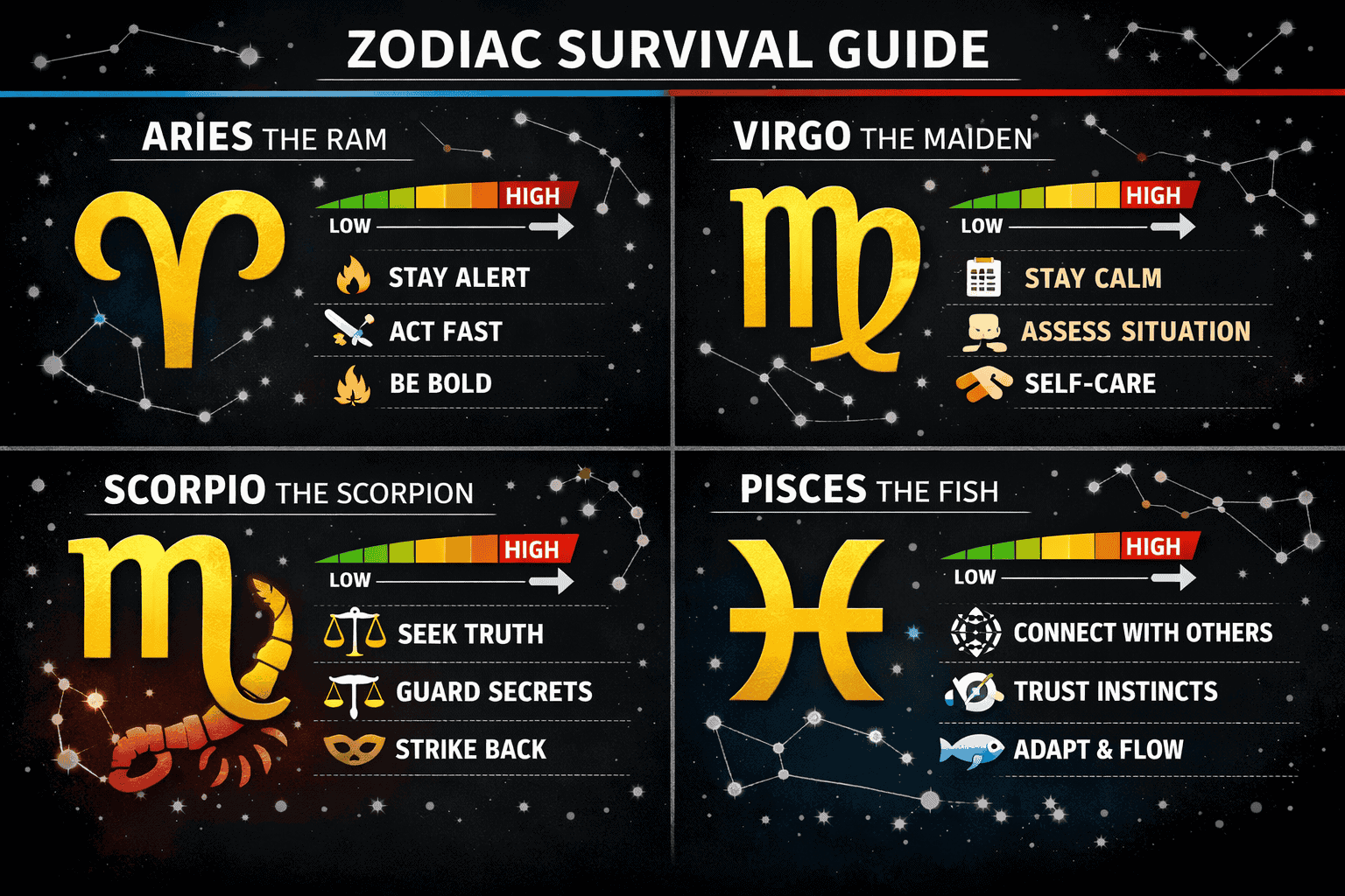 () split-panel zodiac survival guide infographic showing four zodiac symbols (Aries ram, Virgo maiden, Scorpio scorpion,