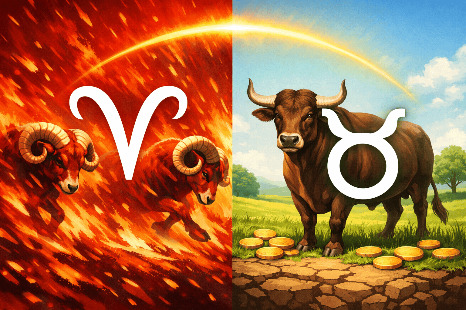 () split-scene comparison illustration: left side shows chaotic fiery Aries energy with red flames, rams, and dynamic motion