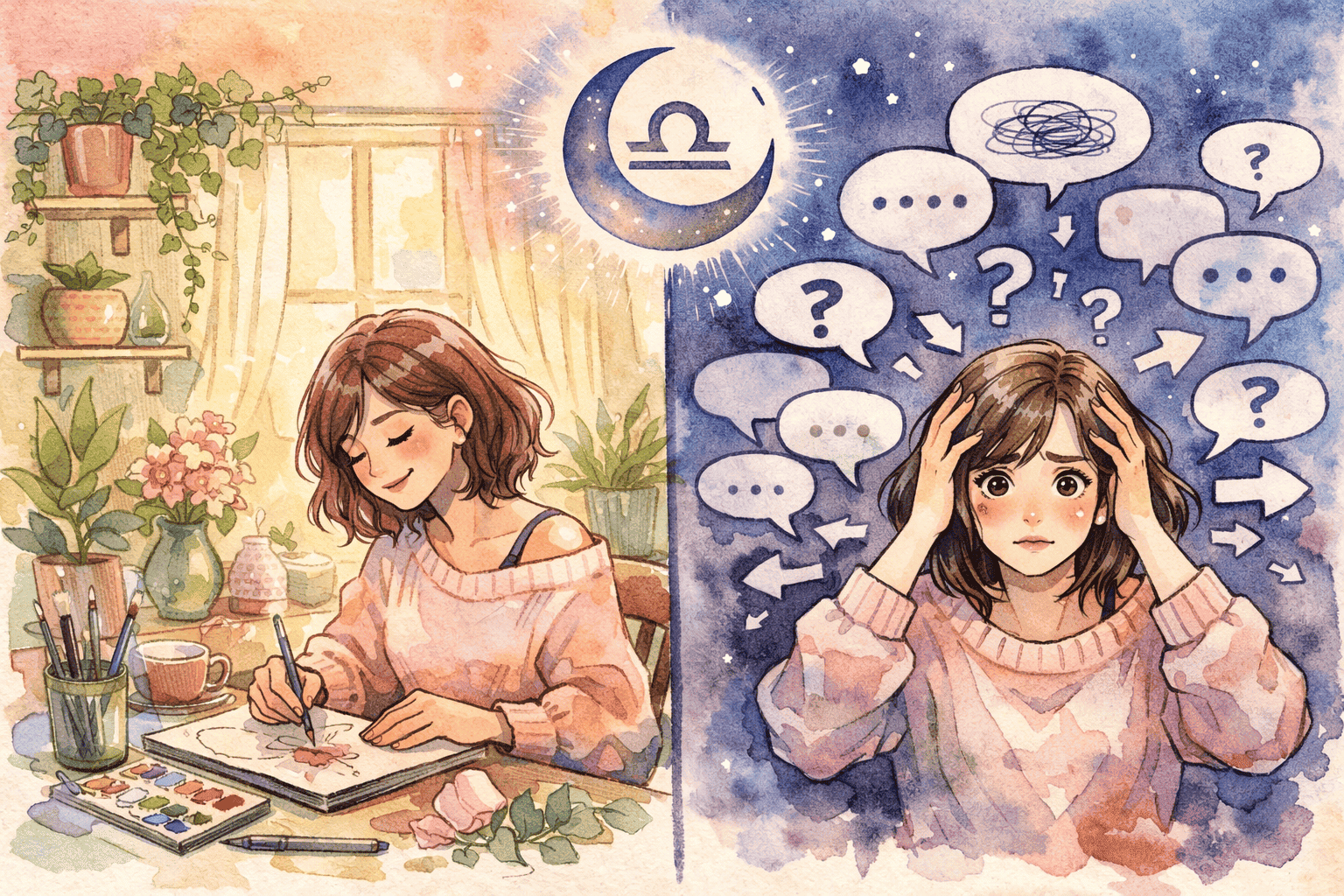 () split-scene comparison illustration showing two contrasting emotional states side by side: left panel depicts a Libra