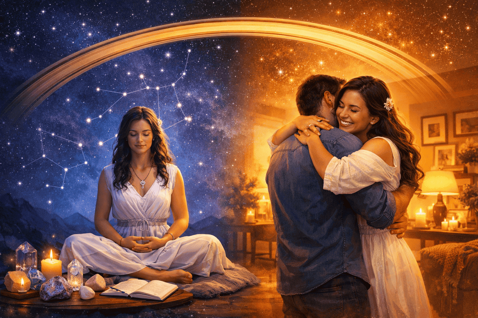 () split-scene composition showing on the left a single Virgo figure meditating under starlight with healing crystals and a