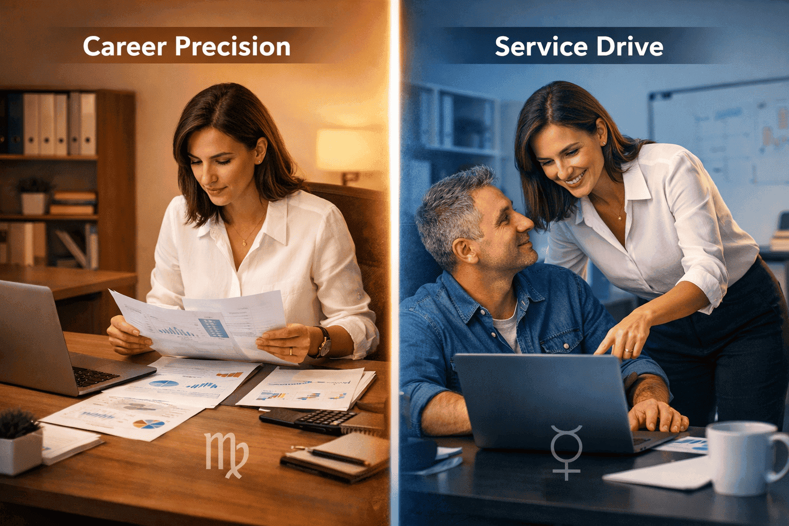 () split-scene editorial image contrasting a Virgo professional in a modern minimalist workspace reviewing detailed reports