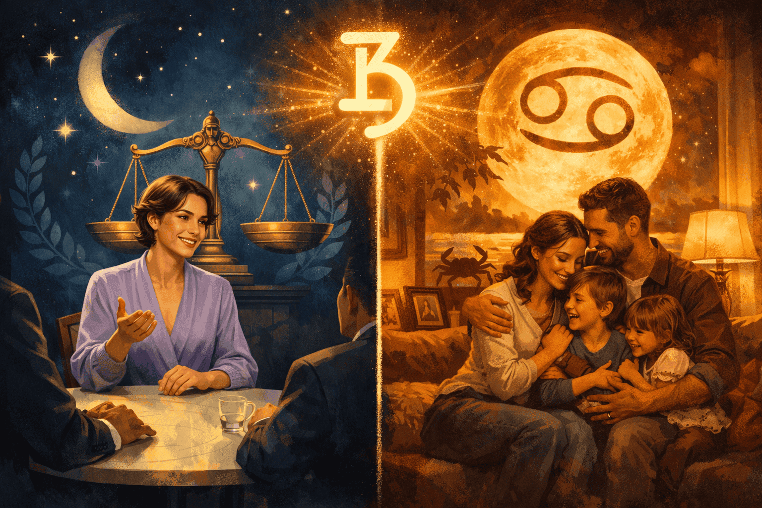 () split-scene editorial image showing a Libra person (androgynous, warm family scenes glow in amber light under a Cancer