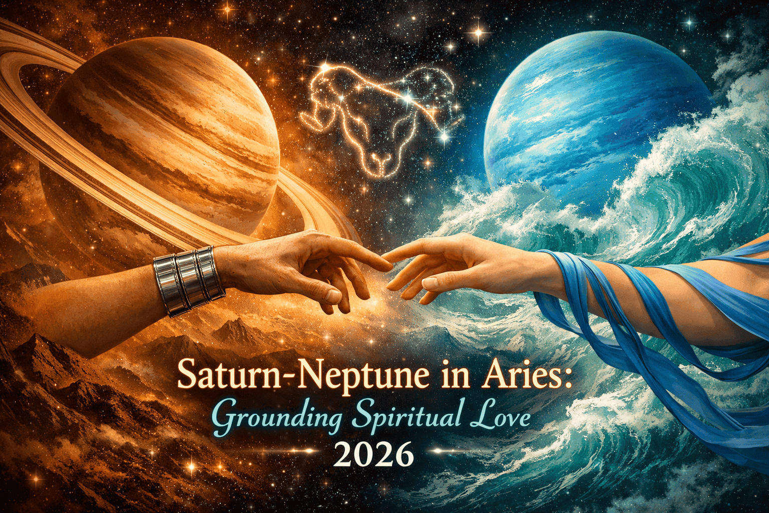 () split-scene illustration: left side shows a disciplined Saturn-ringed planet in earthy brown tones merging with Neptune's