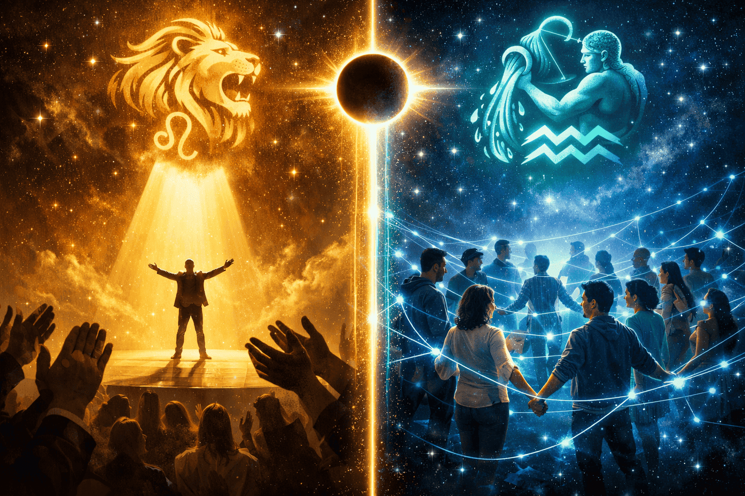 () split-scene illustration: left side shows a solo figure under a golden Leo sun spotlight seeking applause, right side