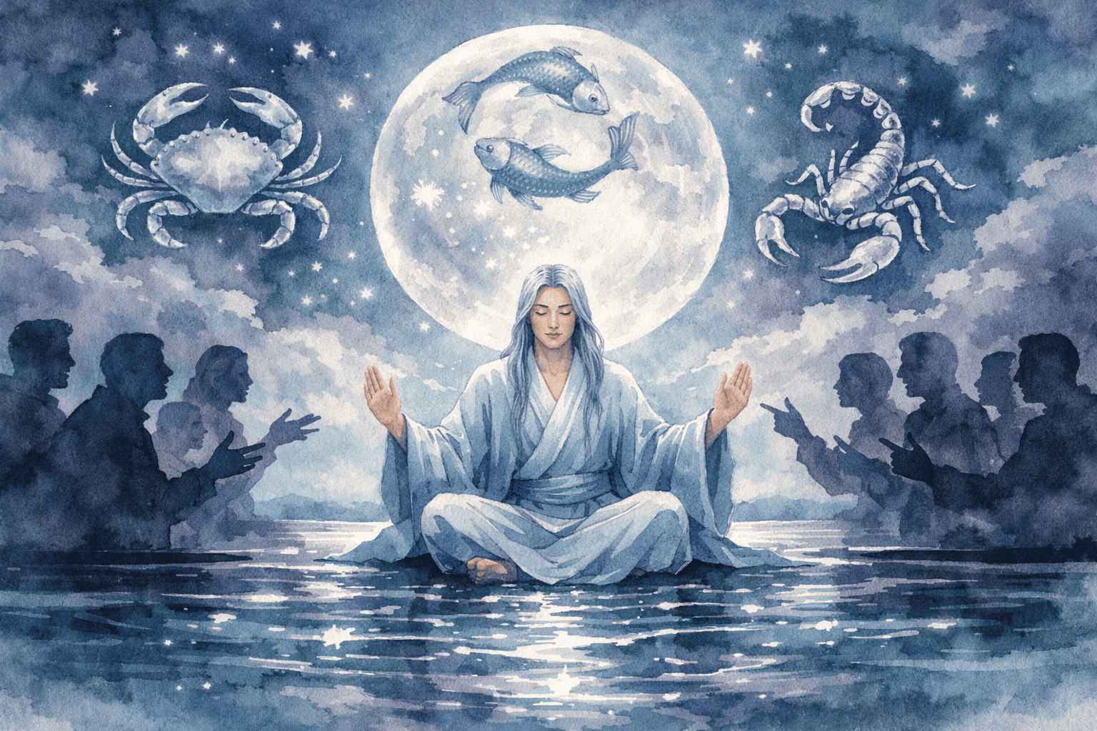 () split-scene illustration showing a serene peacemaker figure in soft blue robes mediating between two groups, with a large